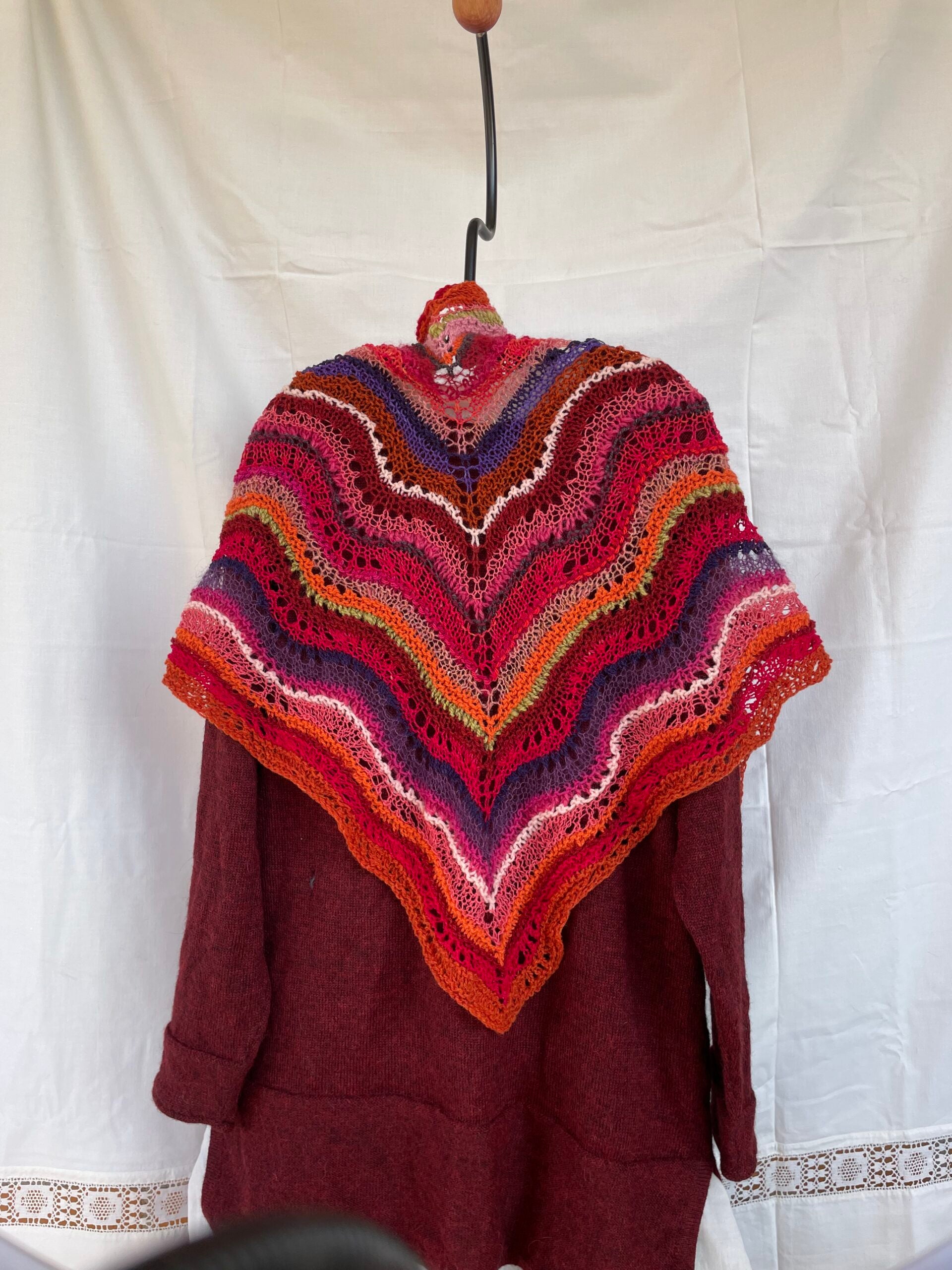 Lightweight shawl in fuschia, orange, and chartreuse