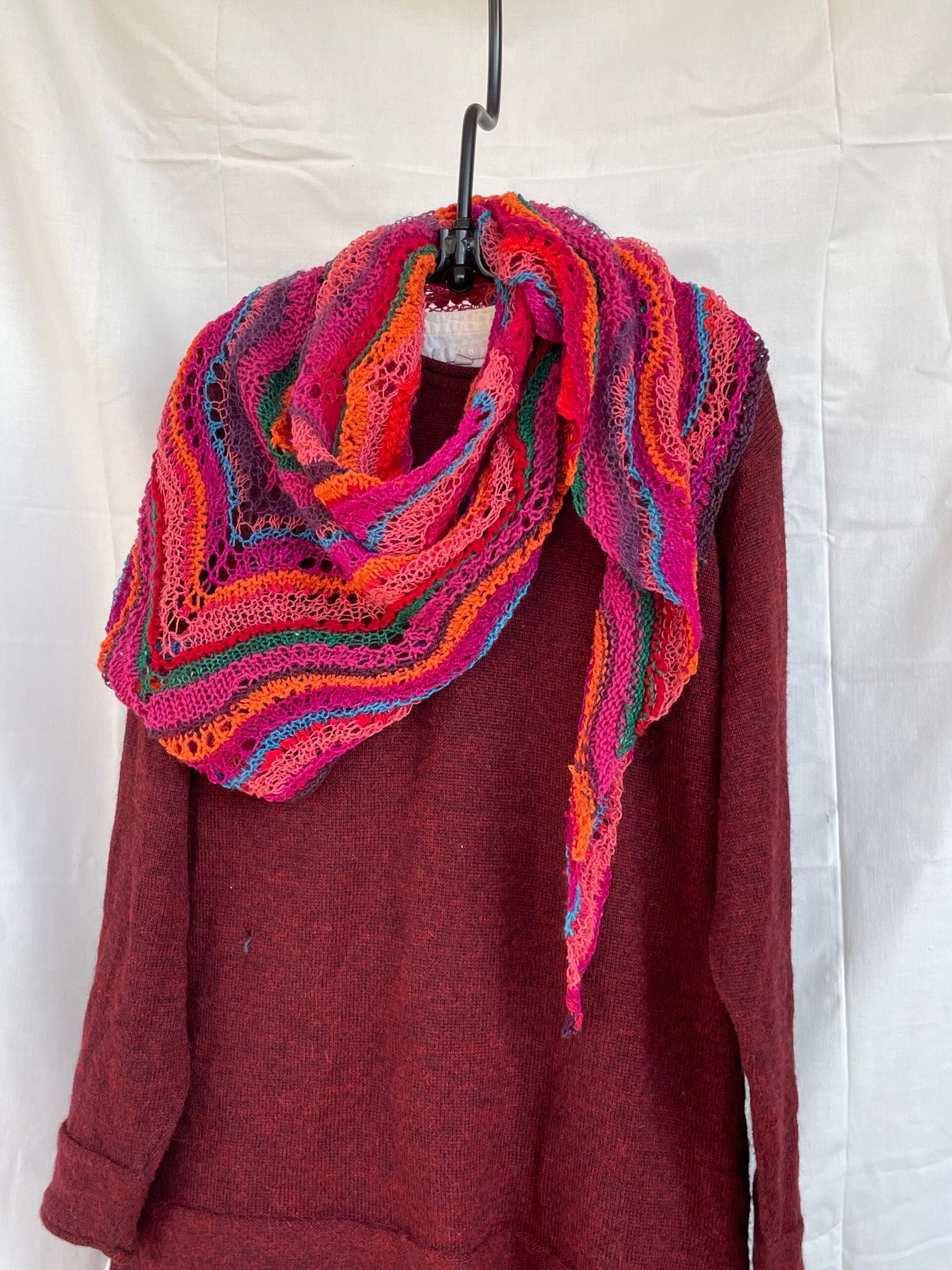 Lightweight shawl in fuschia, orange, and turquoise