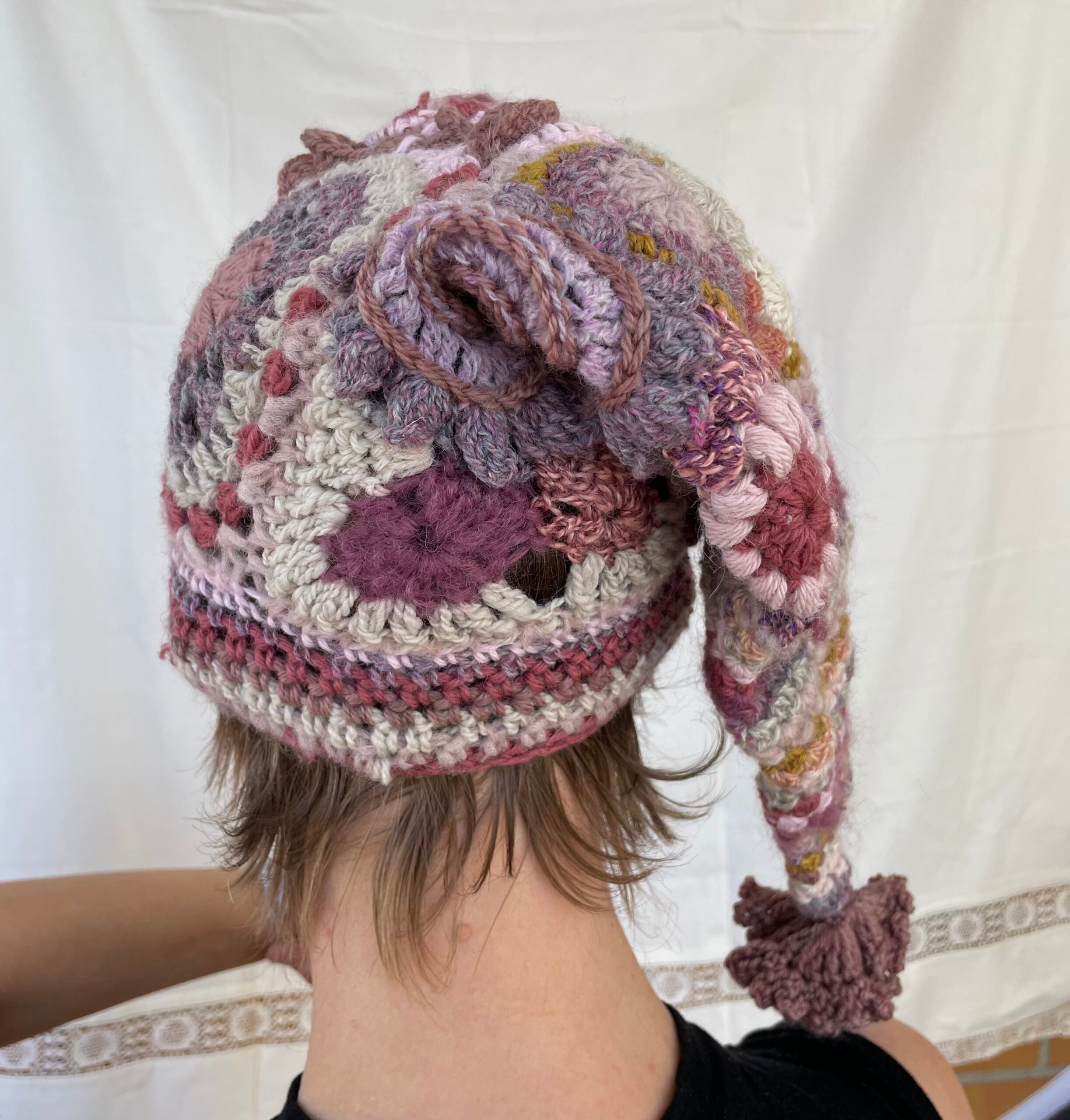 Emily, freeform crochet stocking cap