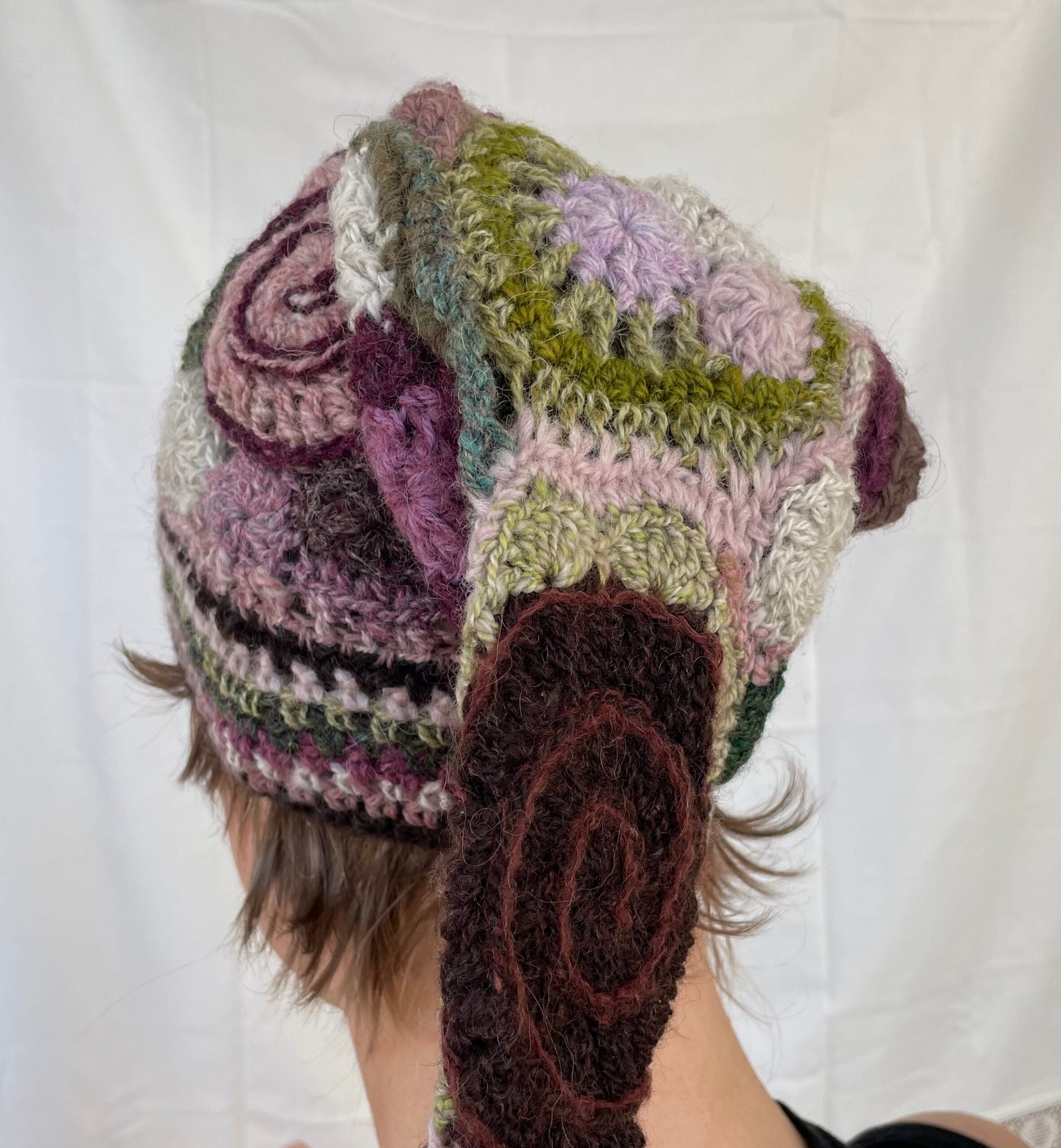 Heather, freeform crochet stocking cap with twisted tassel
