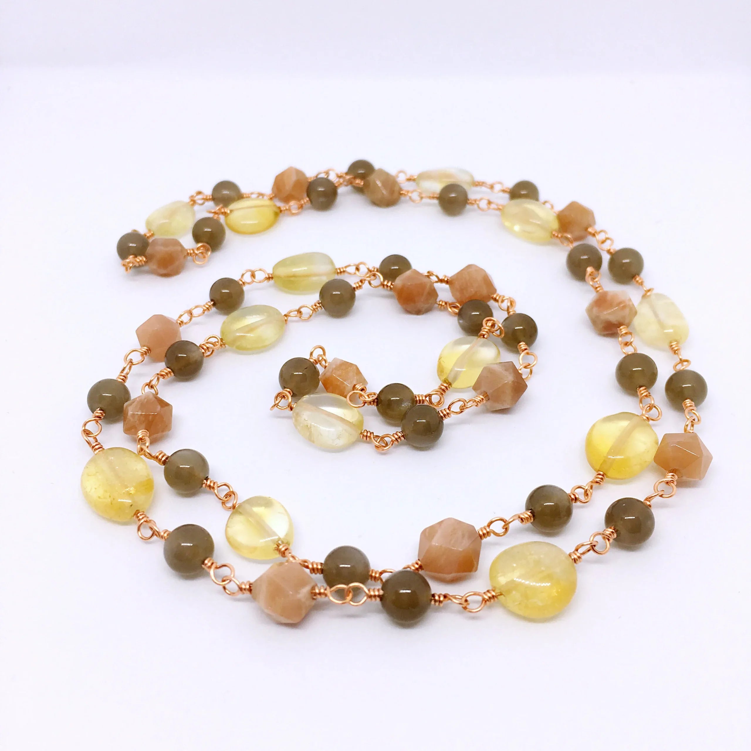"CONSTANTINOPLE" Long Gemstone Rosary Necklace, with Peach Moonstone, Black Moonstone & Citrine