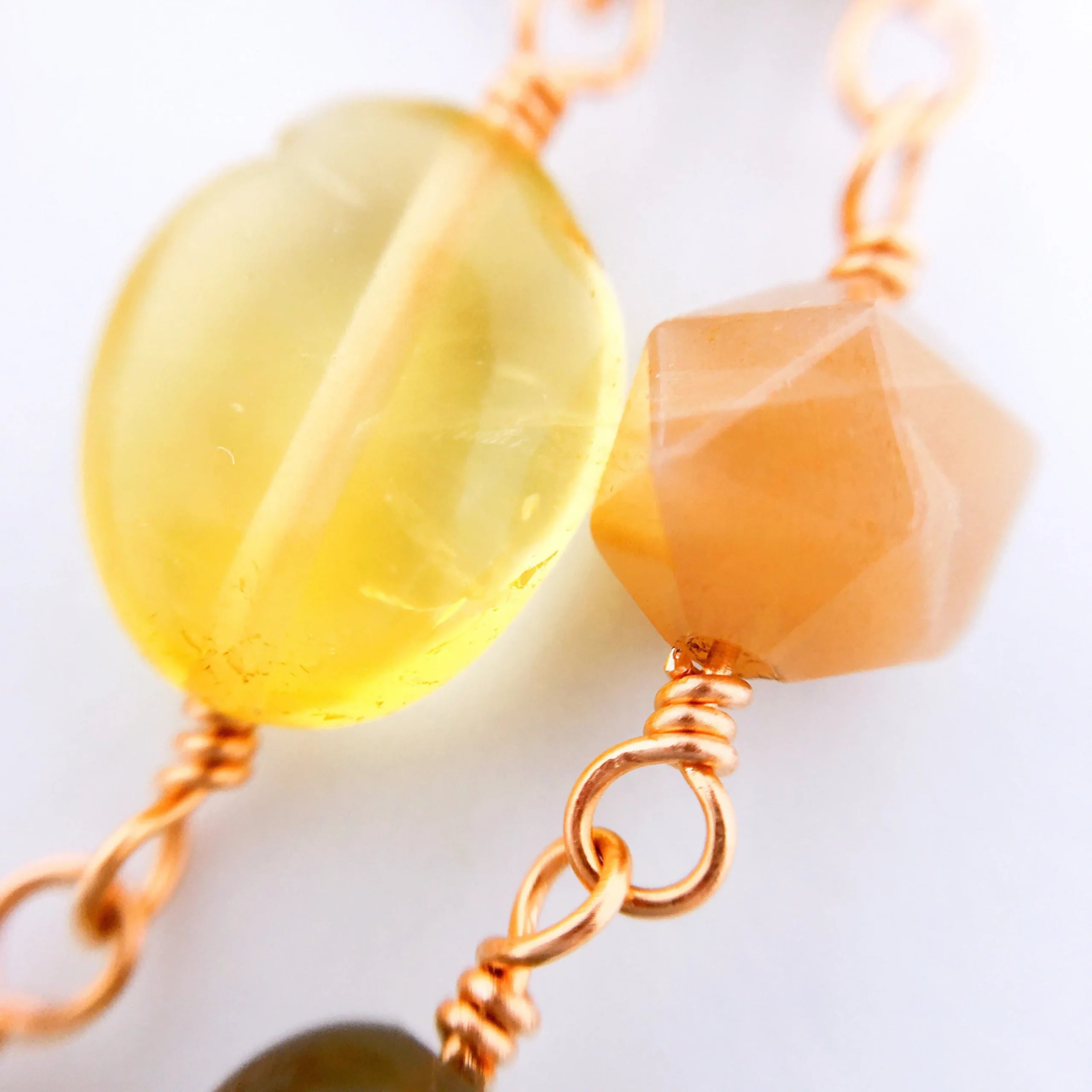 "CONSTANTINOPLE" Long Gemstone Rosary Necklace, with Peach Moonstone, Black Moonstone & Citrine