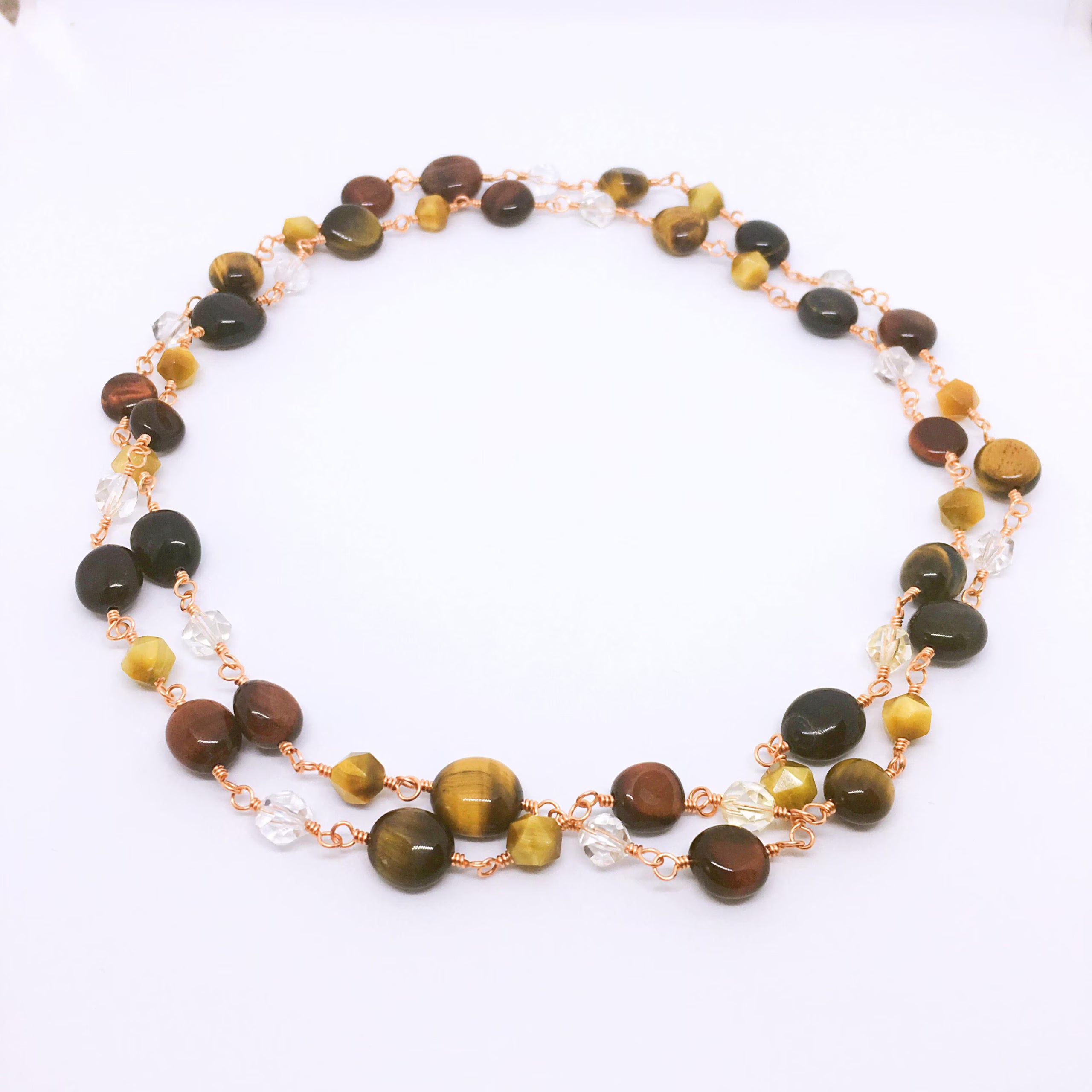 "VENICE" Long Gemstone Rosary Necklace, with Tiger's Eye & Citrine