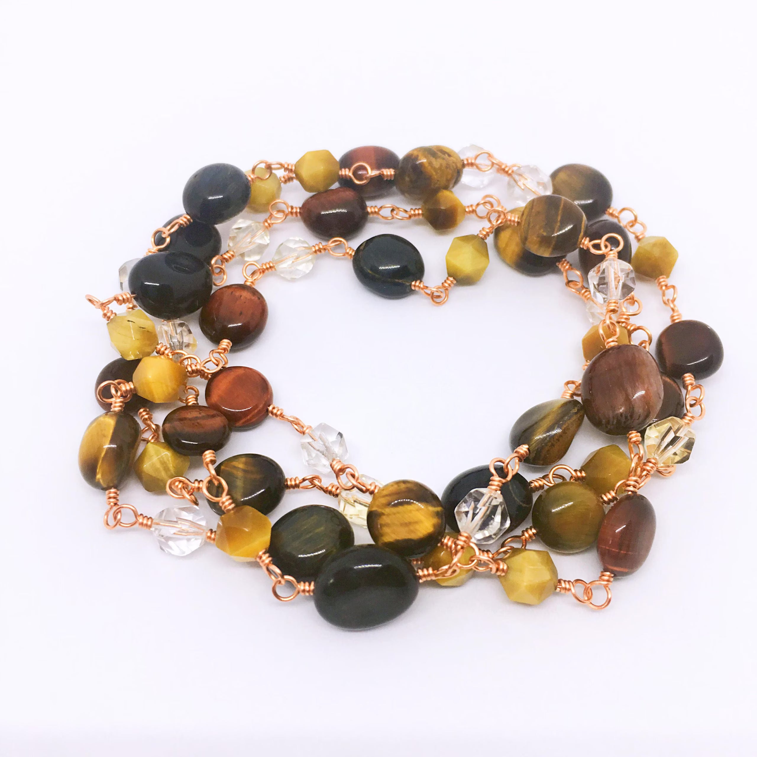 "VENICE" Long Gemstone Rosary Necklace, with Tiger's Eye & Citrine