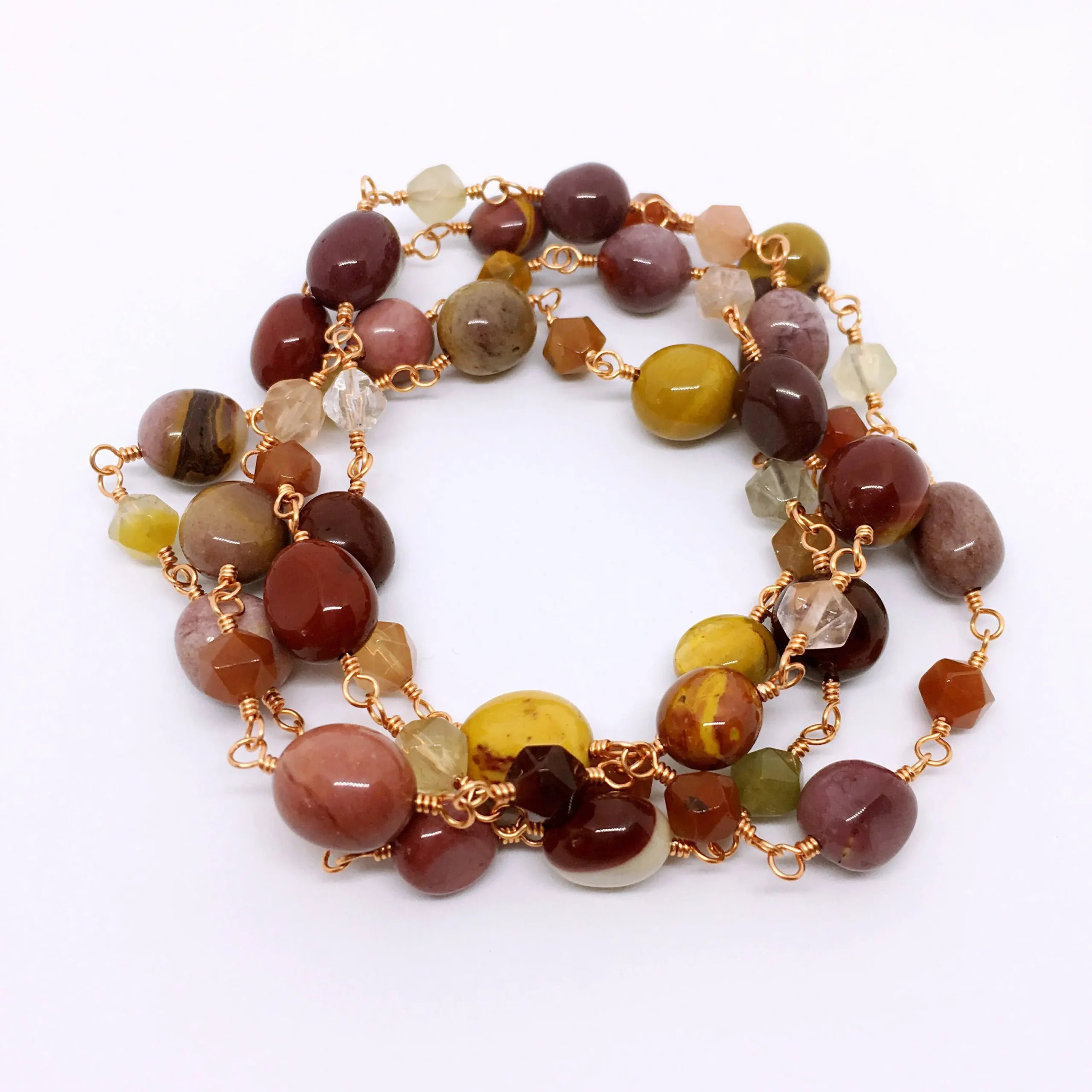Long Gemstone Rosary Necklace "CRETE", with Mookaite & Rutilated Quartz
