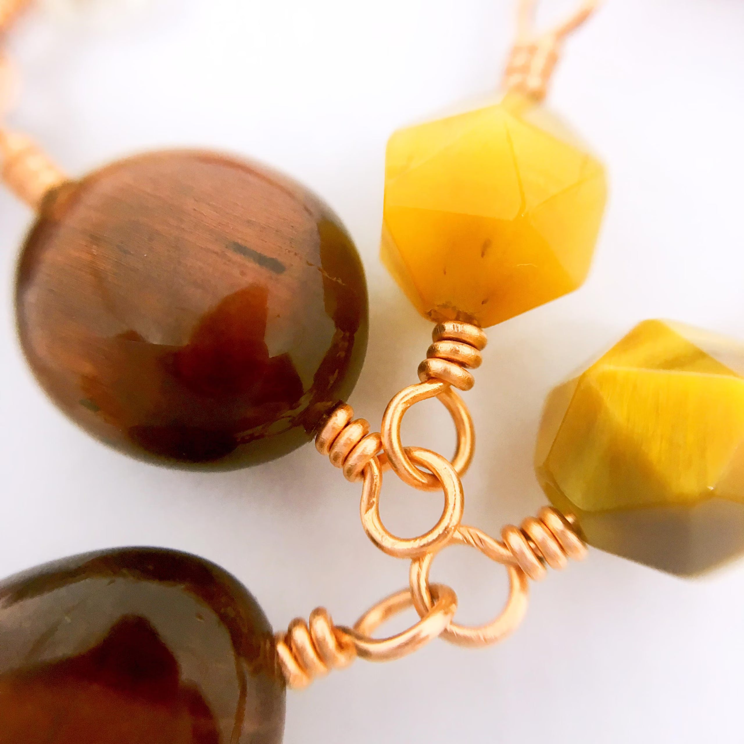"VENICE" Long Gemstone Rosary Necklace, with Tiger's Eye & Citrine
