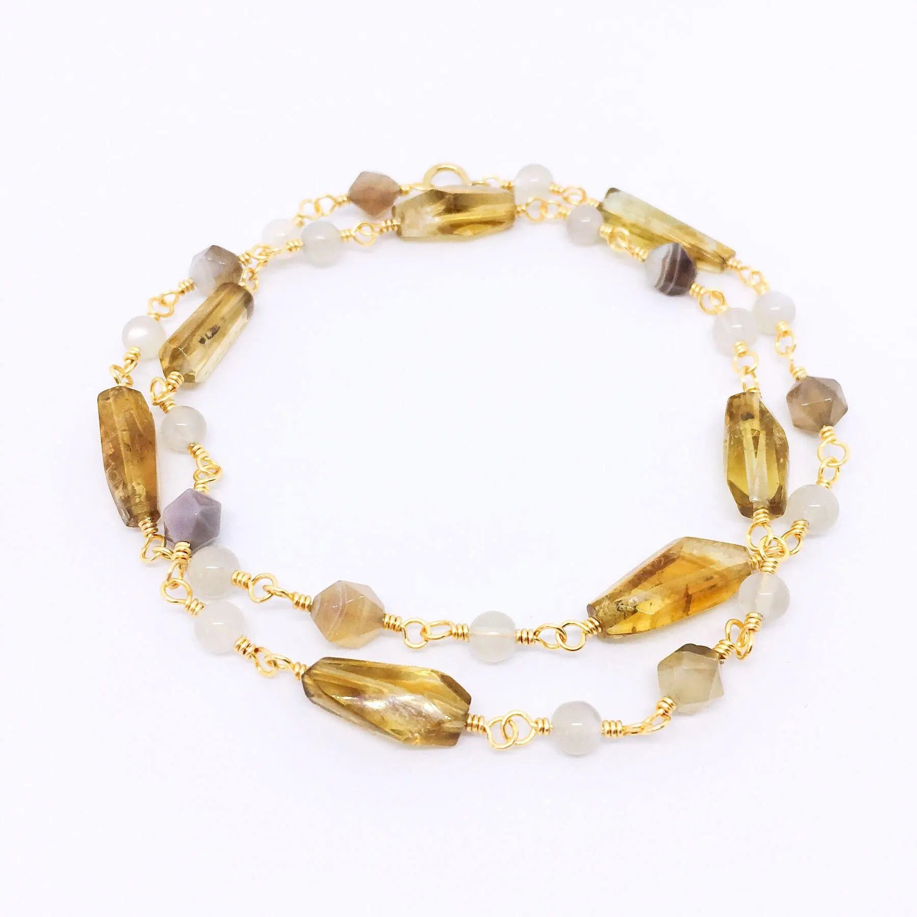 "BABYLON" Short Gemstone Rosary Necklace, with Citrine, Botswana Agate, & White Moonstone