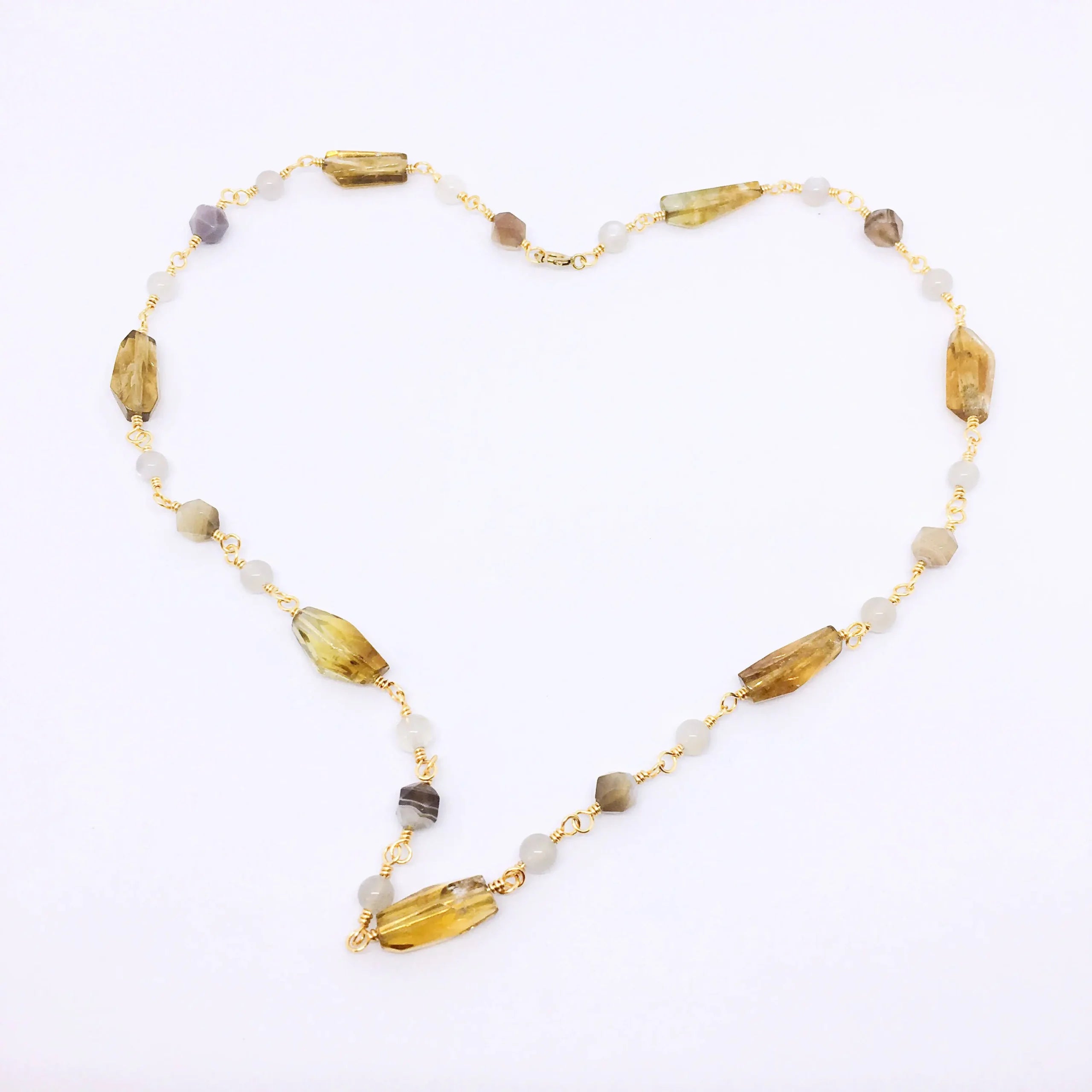 "BABYLON" Short Gemstone Rosary Necklace, with Citrine, Botswana Agate, & White Moonstone