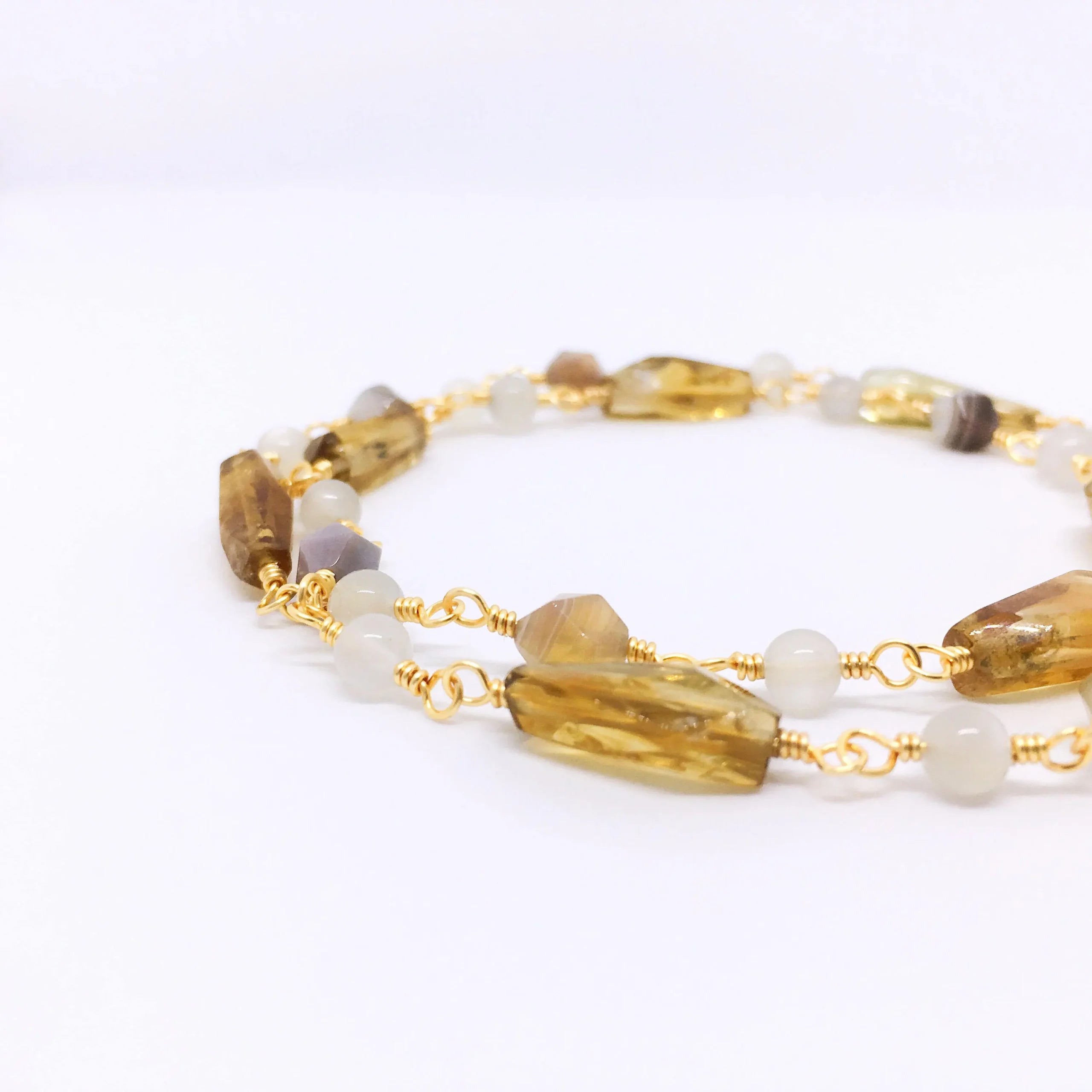 "BABYLON" Short Gemstone Rosary Necklace, with Citrine, Botswana Agate, & White Moonstone