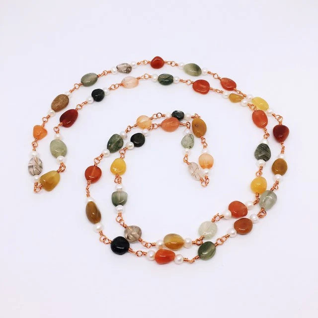 "CHANG'AN" Long Gemstone Rosary Necklace, with Rutilated Quartz & Freshwater Pearl