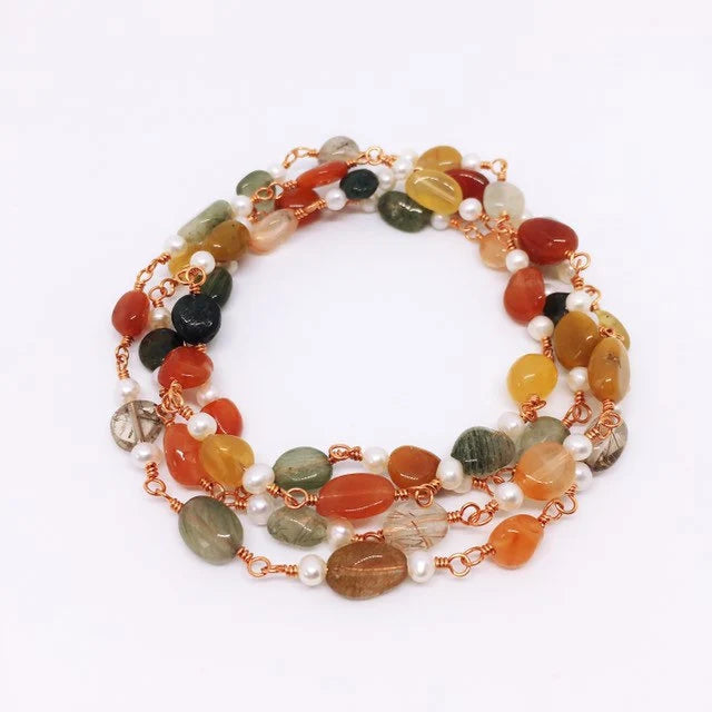 "CHANG'AN" Long Gemstone Rosary Necklace, with Rutilated Quartz & Freshwater Pearl