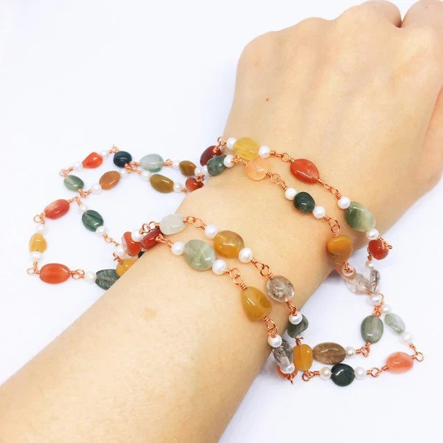 "CHANG'AN" Long Gemstone Rosary Necklace, with Rutilated Quartz & Freshwater Pearl