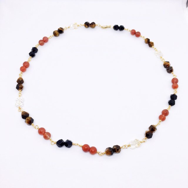 "DELPHI" Short Gemstone Rosary Necklace, with Citrine, Black Onyx, Carnelian, & Tiger's Eye