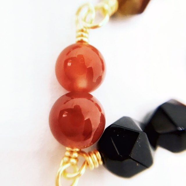 "DELPHI" Short Gemstone Rosary Necklace, with Citrine, Black Onyx, Carnelian, & Tiger's Eye