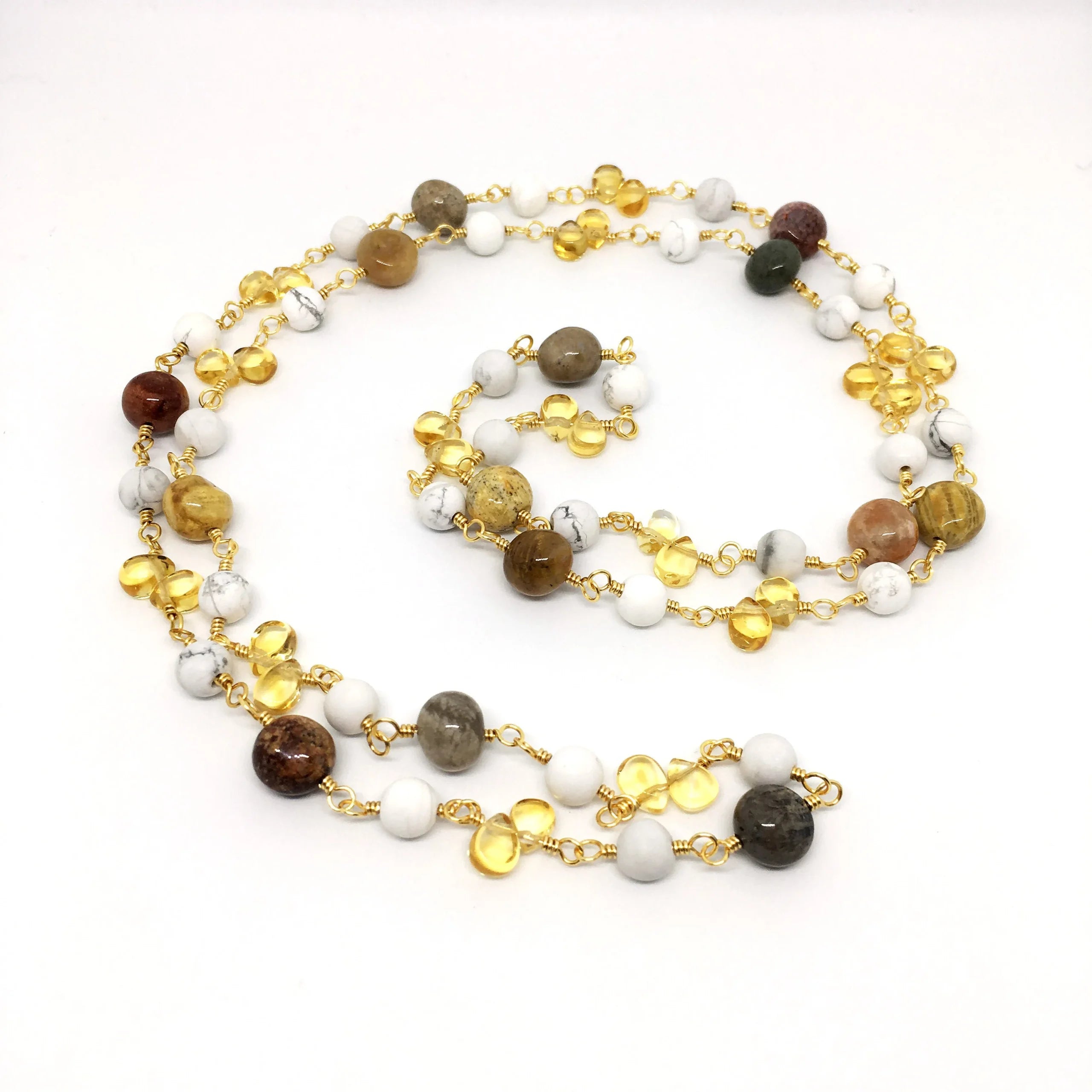 "ATHENS" Long Gemstone Rosary Necklace, with Citrine, Agatized Coral, & Howlite