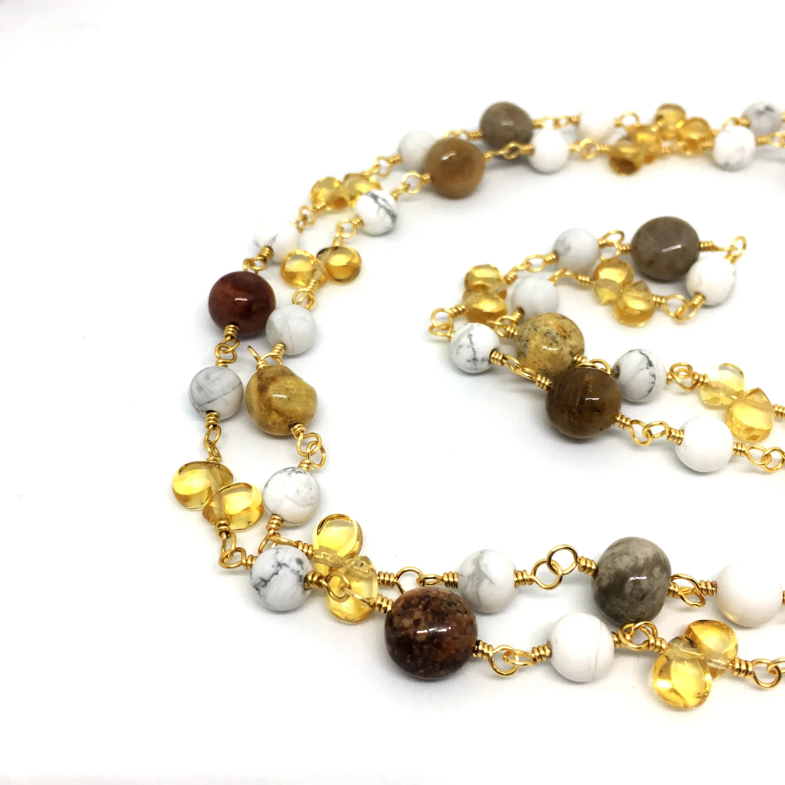 "ATHENS" Long Gemstone Rosary Necklace, with Citrine, Agatized Coral, & Howlite