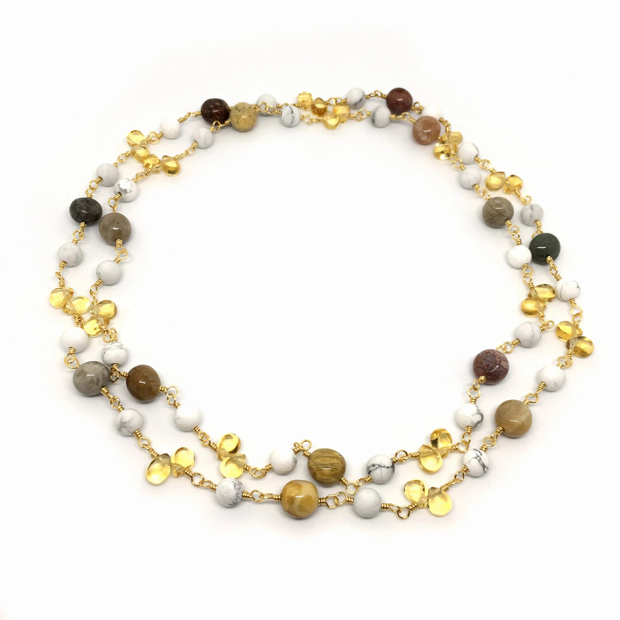 "ATHENS" Long Gemstone Rosary Necklace, with Citrine, Agatized Coral, & Howlite