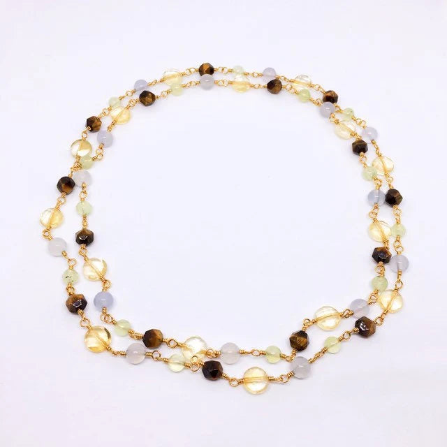 "NILES" Long Gemstone Rosary Necklace, with Citrine, Blue Chalcedony, Tigers Eye, & Prehnite