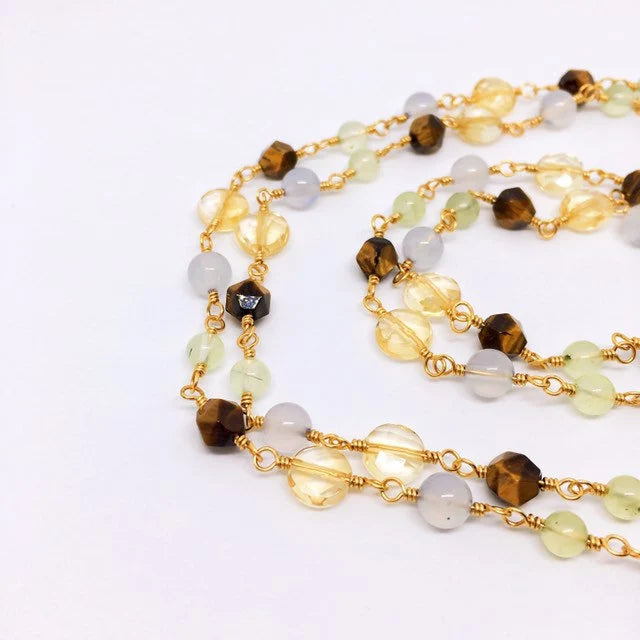 "NILES" Long Gemstone Rosary Necklace, with Citrine, Blue Chalcedony, Tigers Eye, & Prehnite