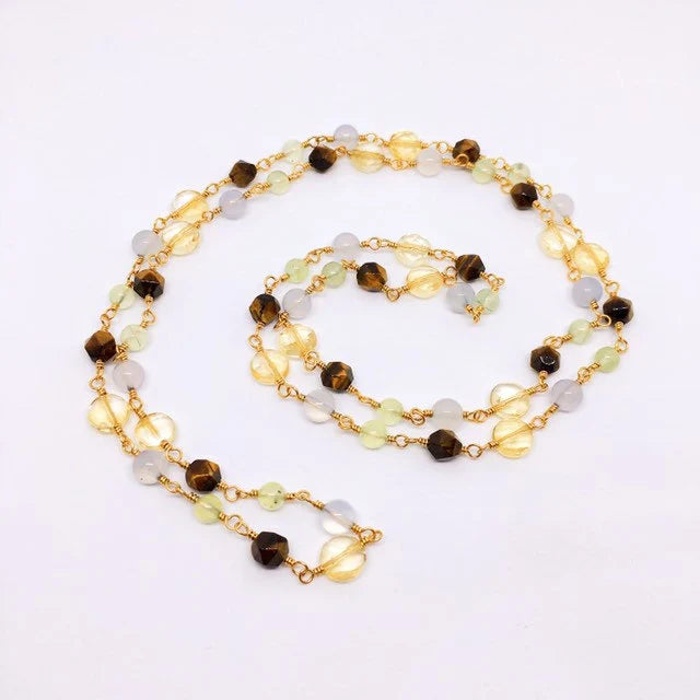 "NILES" Long Gemstone Rosary Necklace, with Citrine, Blue Chalcedony, Tigers Eye, & Prehnite