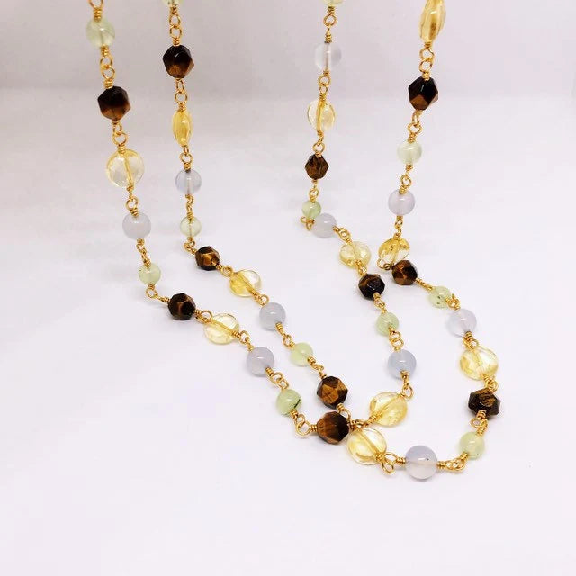 "NILES" Long Gemstone Rosary Necklace, with Citrine, Blue Chalcedony, Tigers Eye, & Prehnite