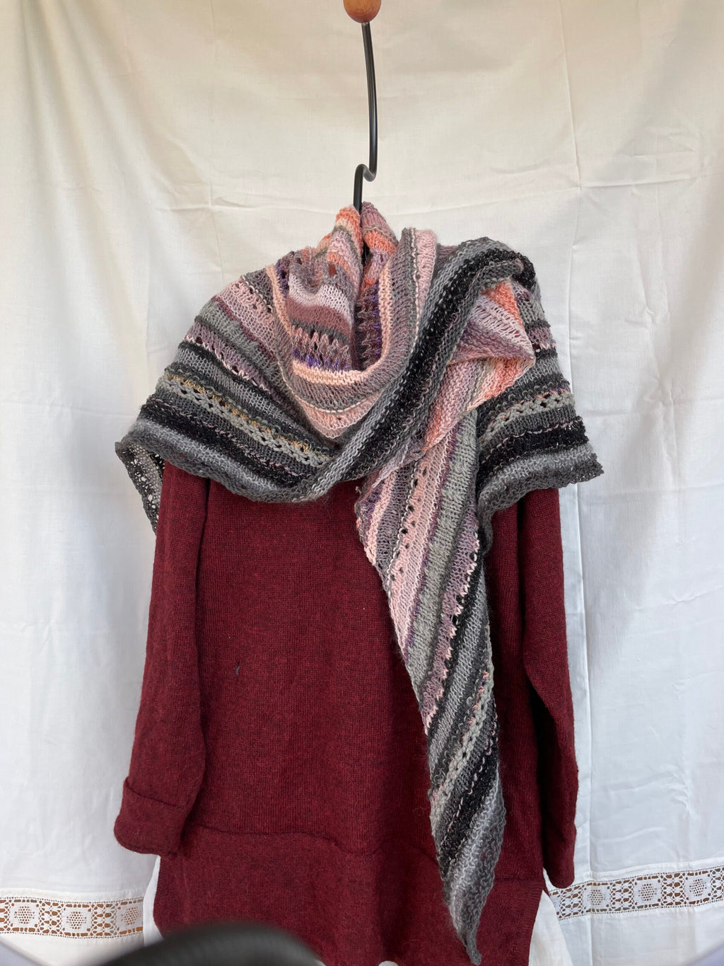 Shawl in pink, grey, and lavender