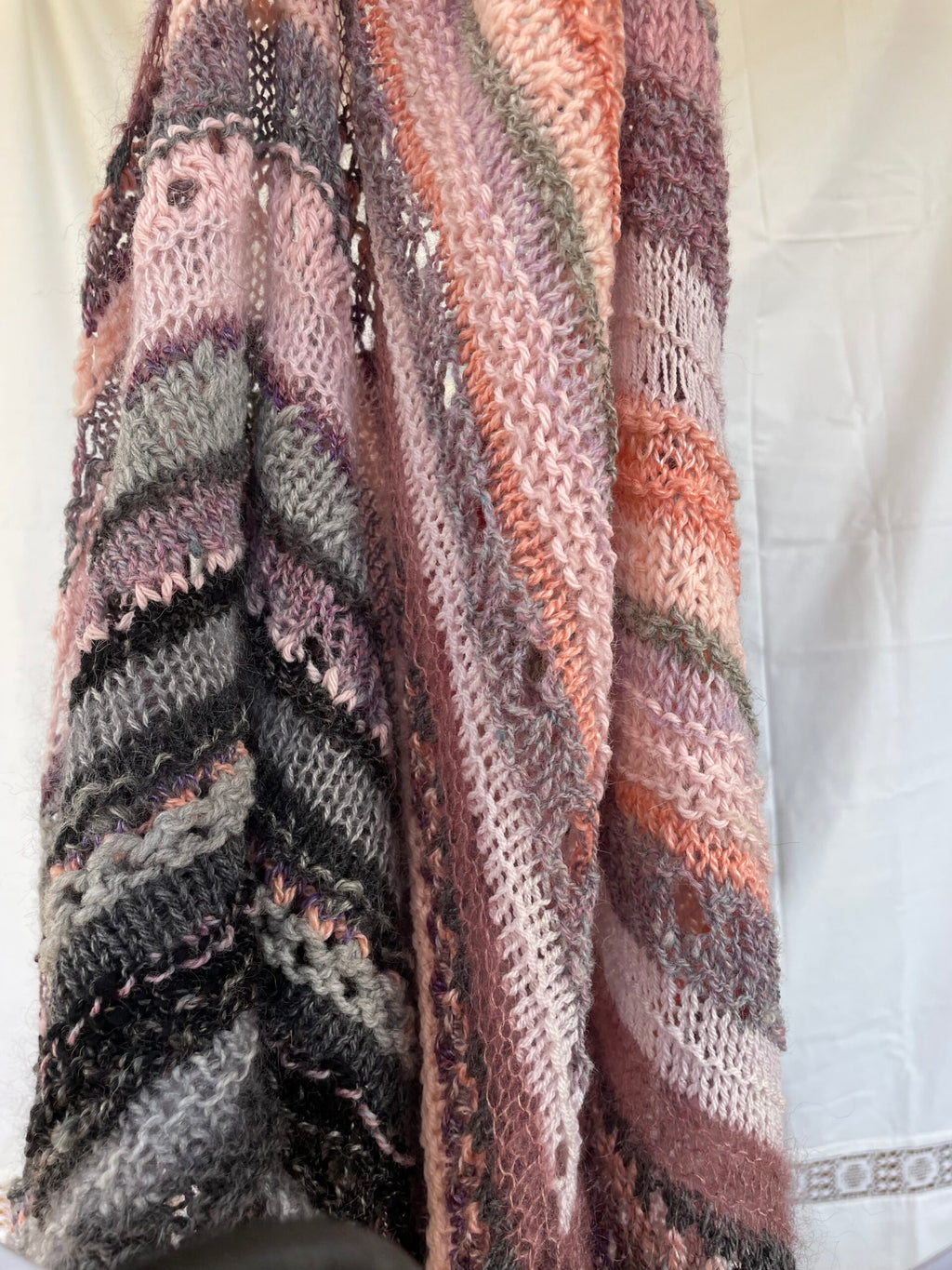 Shawl in pink, grey, and lavender