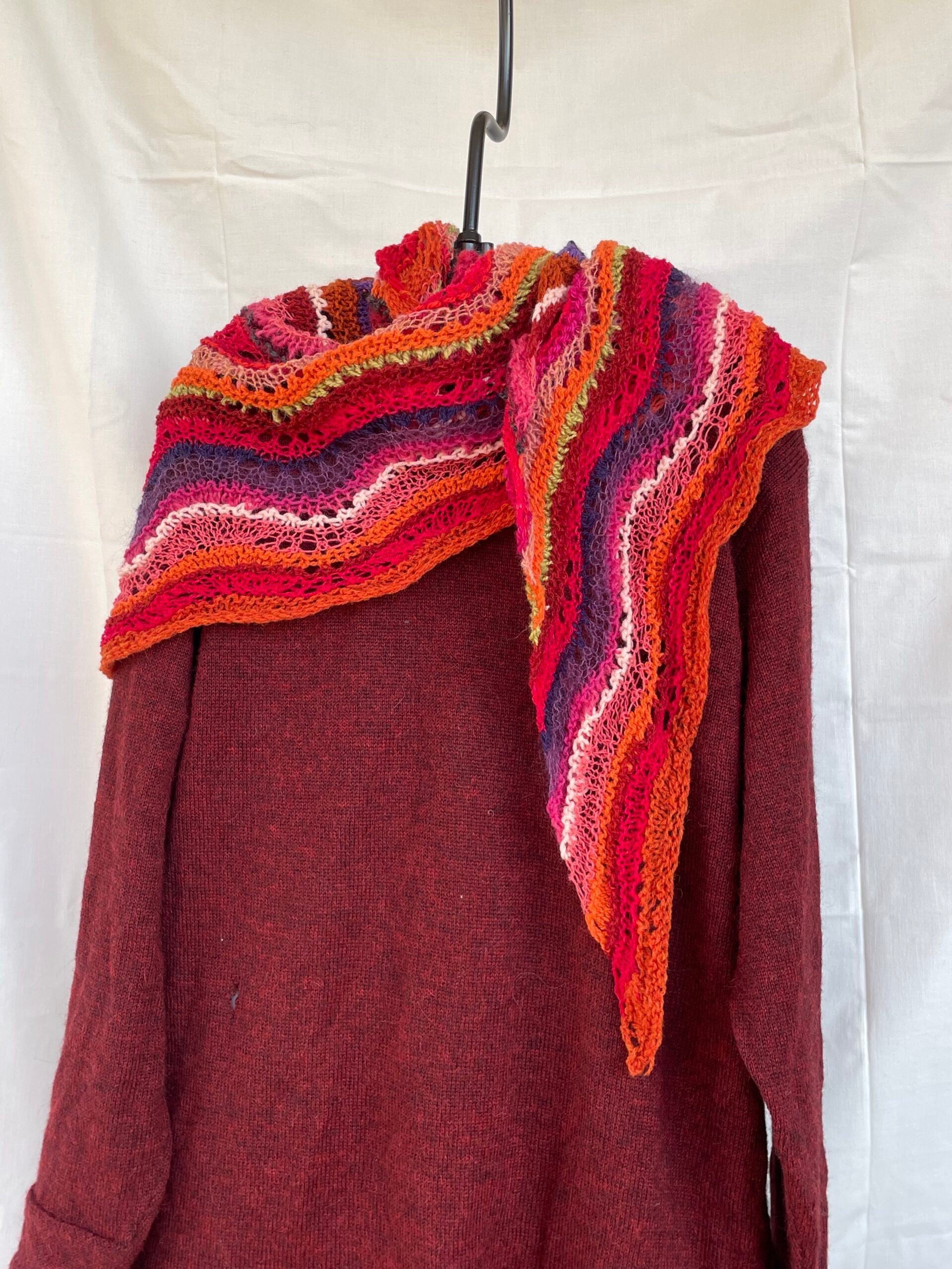 Lightweight shawl in fuschia, orange, and chartreuse
