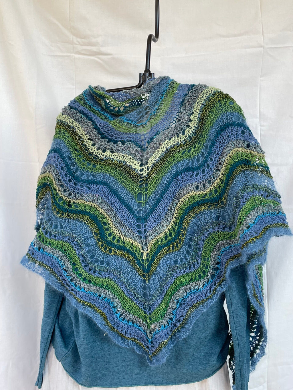 Lightweight shawl in blues and greens