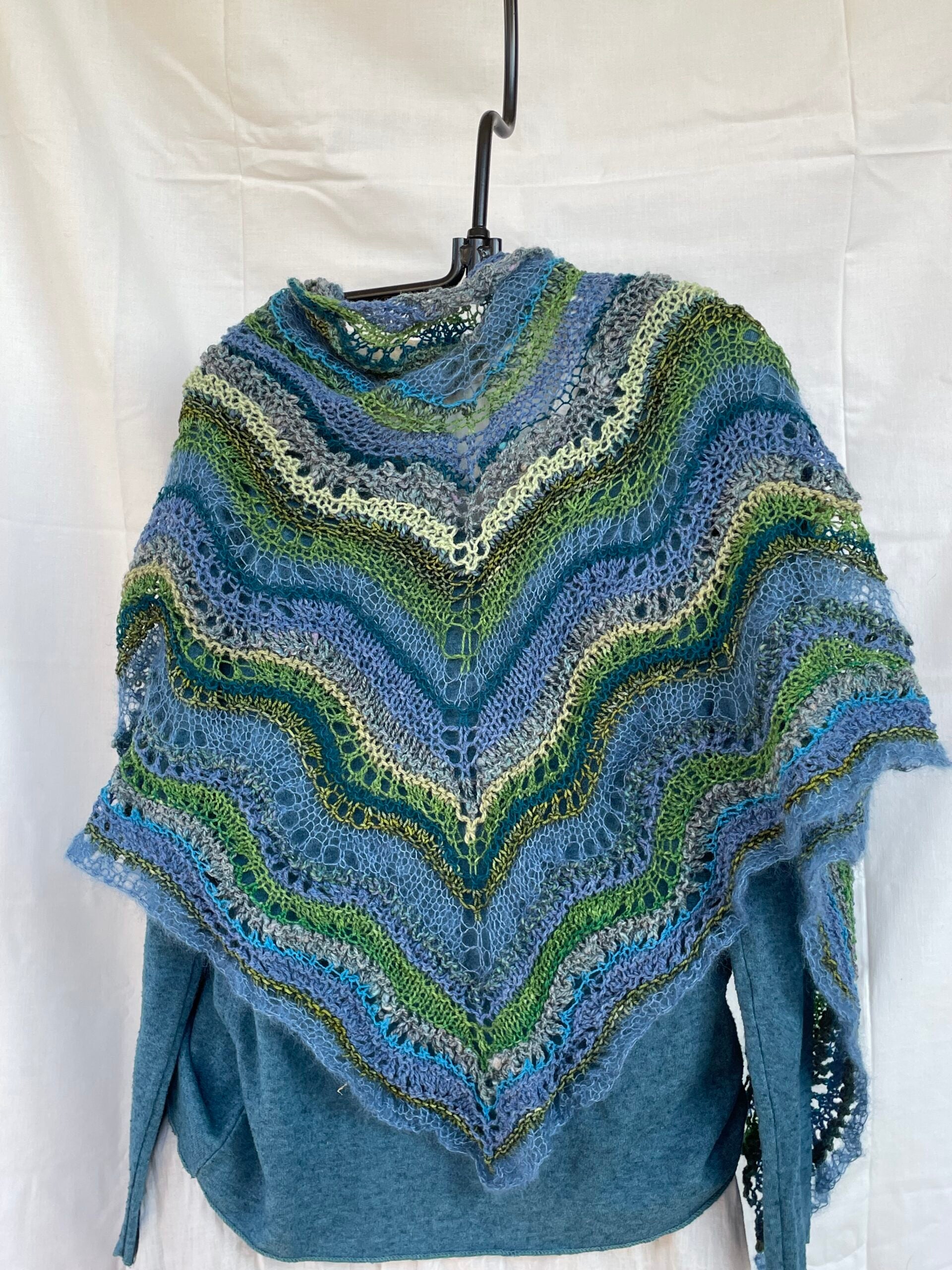 Lightweight shawl in blues and greens
