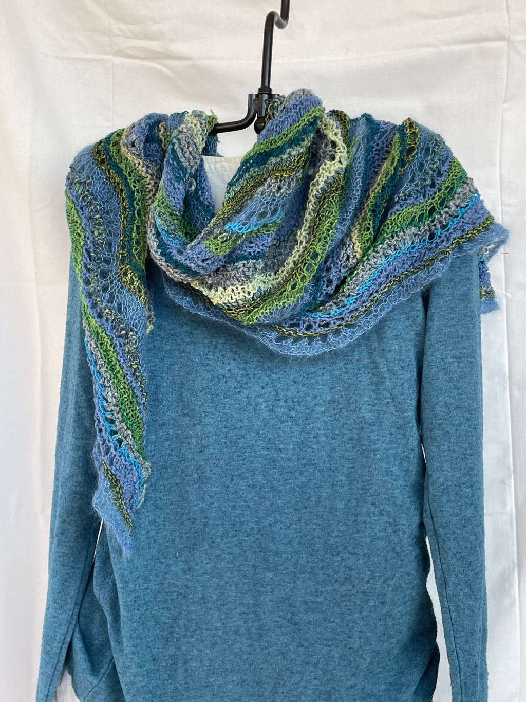 Lightweight shawl in blues and greens
