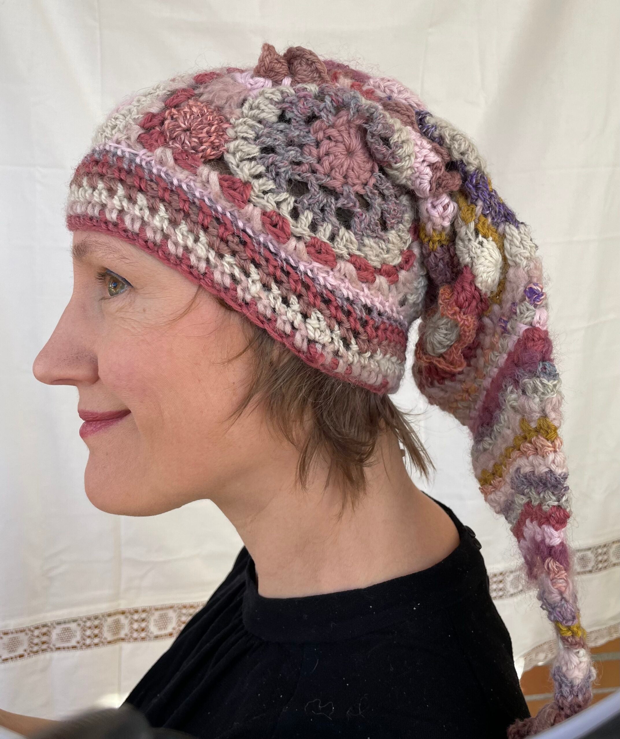 Emily, freeform crochet stocking cap