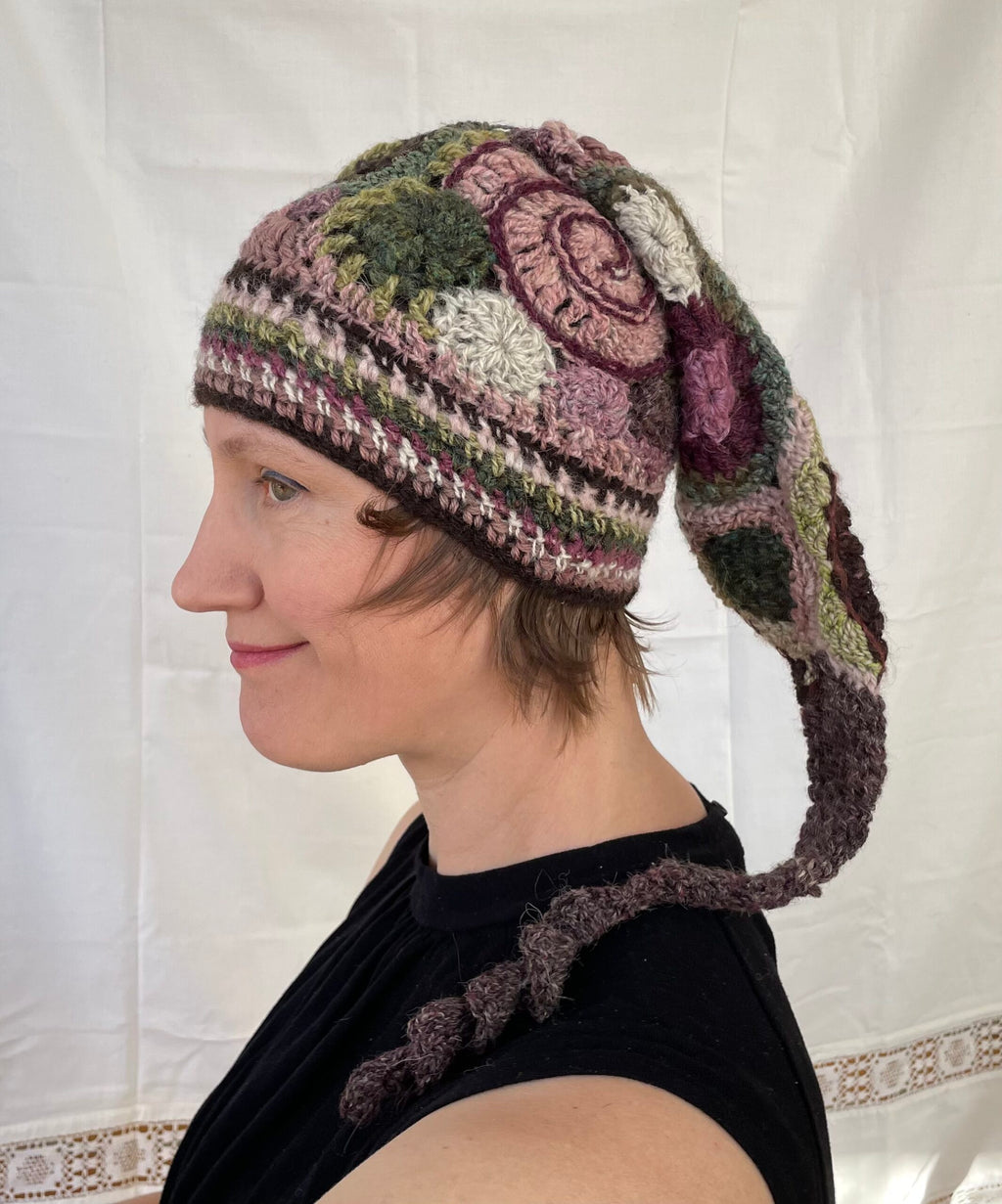 Heather, freeform crochet stocking cap with twisted tassel