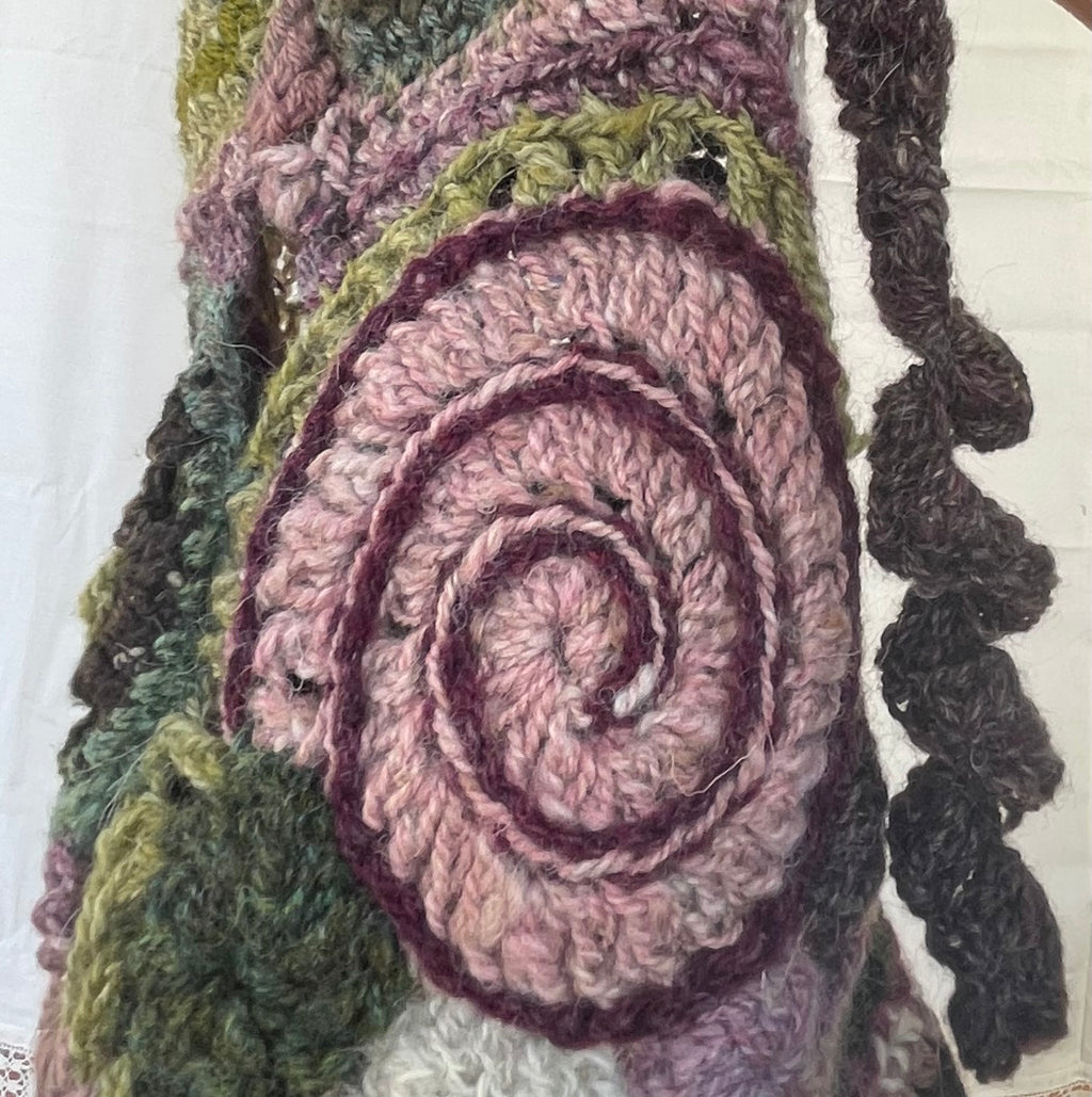 Heather, freeform crochet stocking cap with twisted tassel