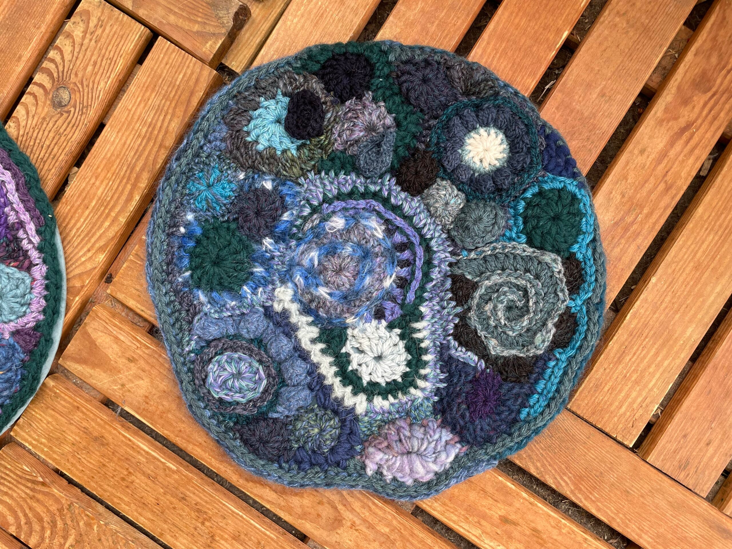 Blue circle, art crochet wall hanging
