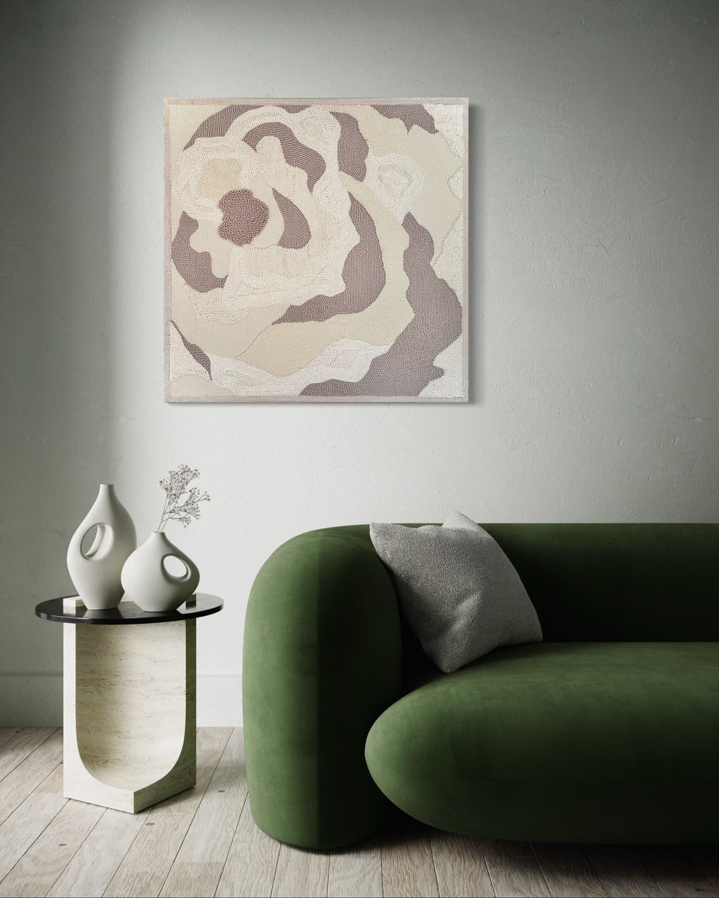 Väggdekor. Broderi på ram. Texturerad garn tavla