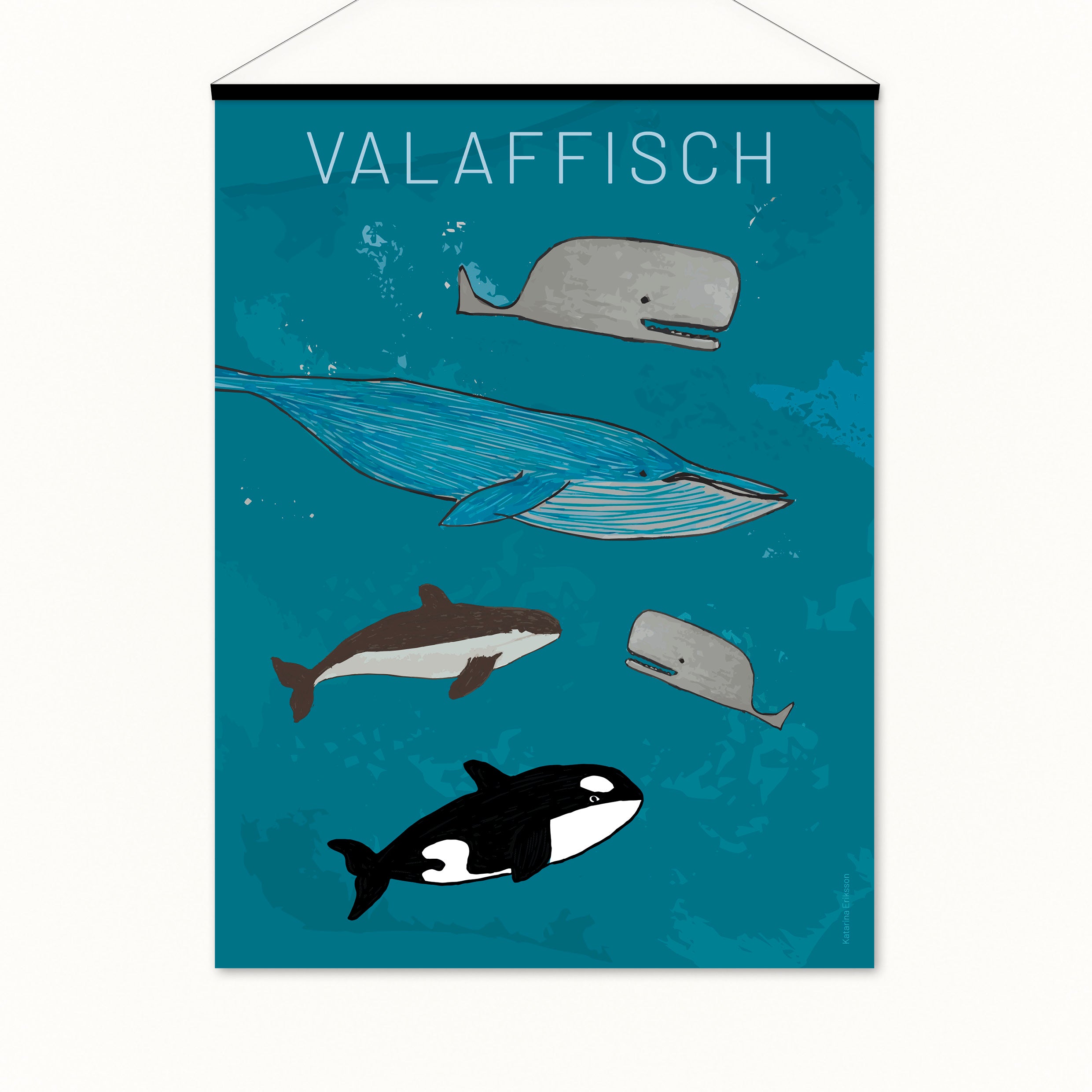 Affischen hänger i en affischhängare. Text på affischen: valaffisch Bild på affischen: 5 valar, 2 kaskelotter, 1 blåval, en tumlare, en späckhuggare.