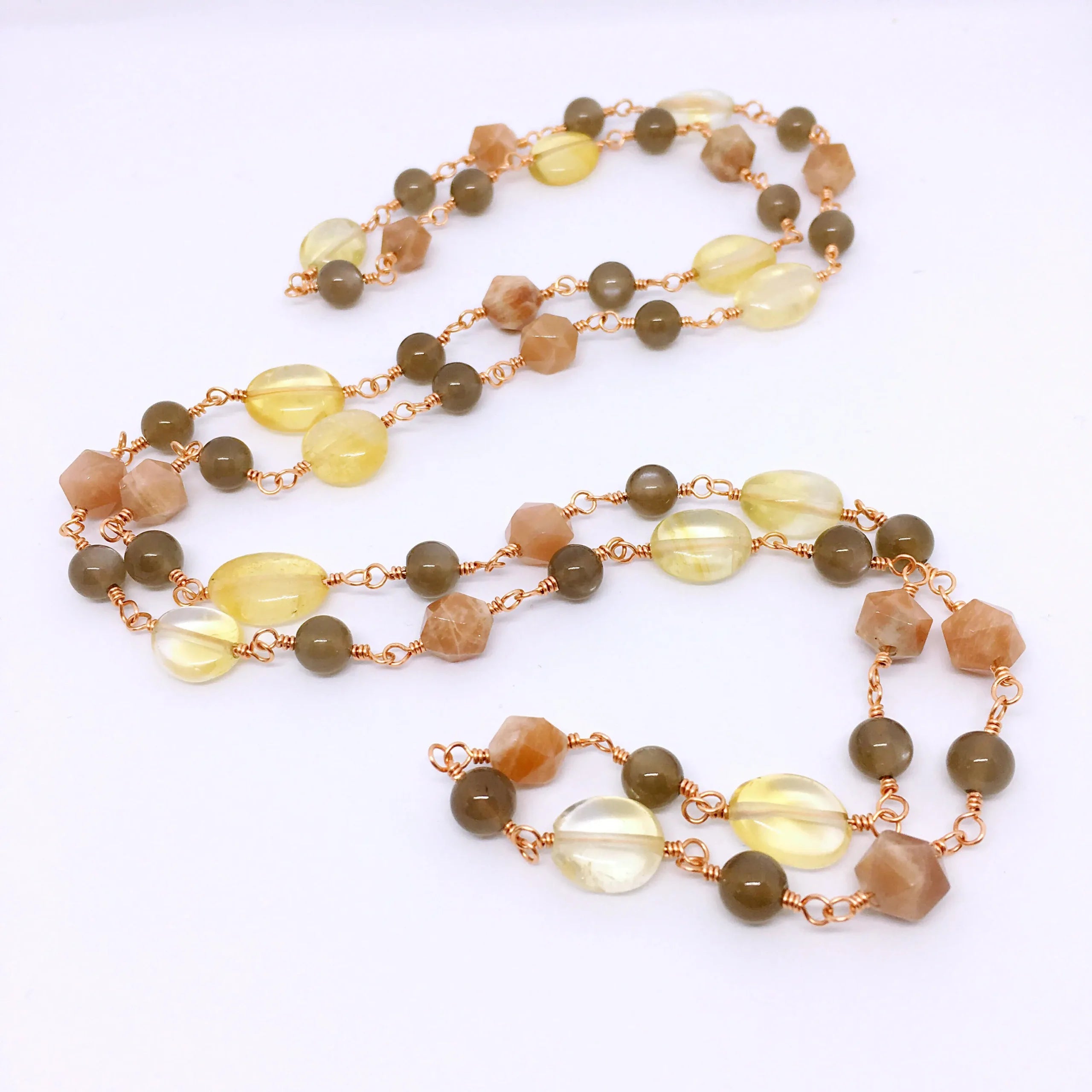"CONSTANTINOPLE" Long Gemstone Rosary Necklace, with Peach Moonstone, Black Moonstone &amp; Citrine