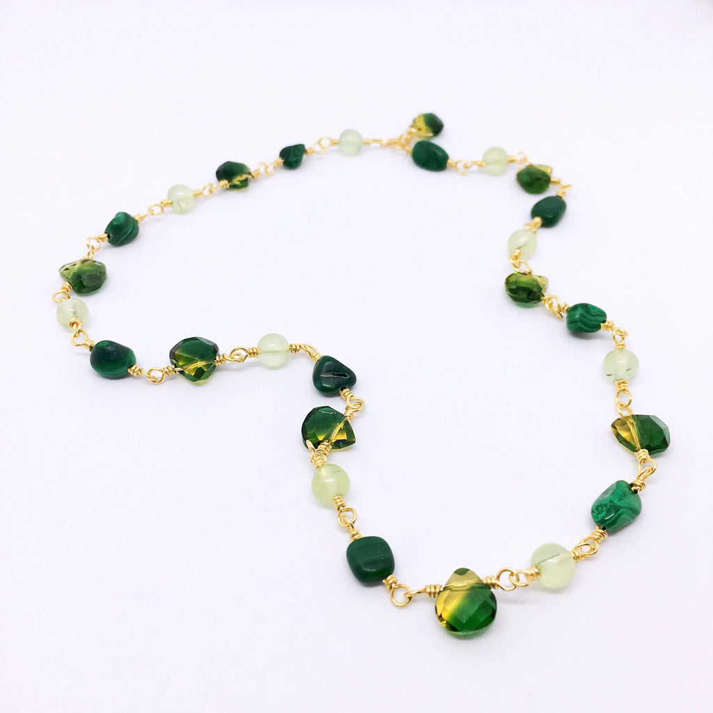 "Suzhou" Short Gemstone Rosary Necklace, with Malachite, Prehnite, &amp; Green Quartz