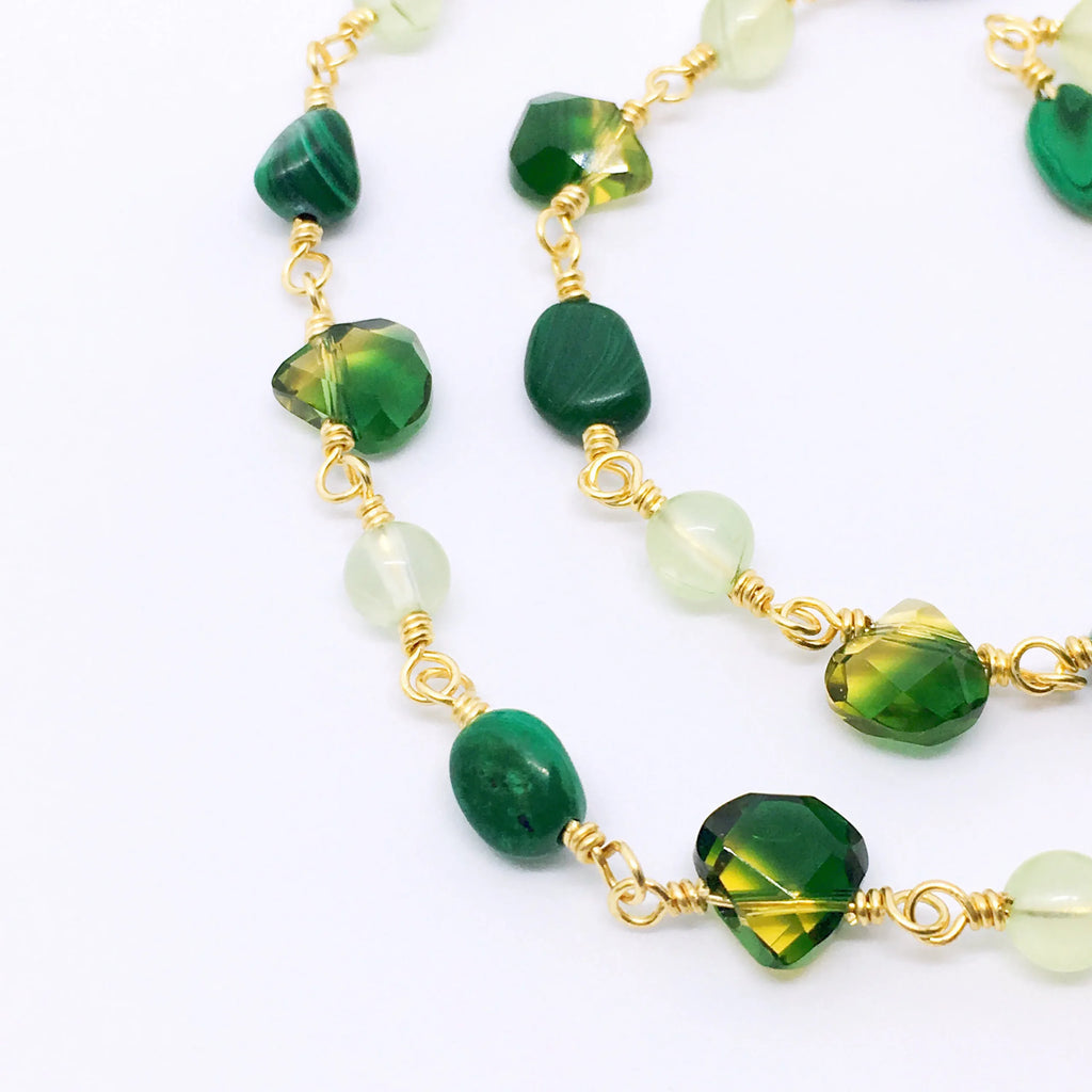 "Suzhou" Short Gemstone Rosary Necklace, with Malachite, Prehnite, &amp; Green Quartz