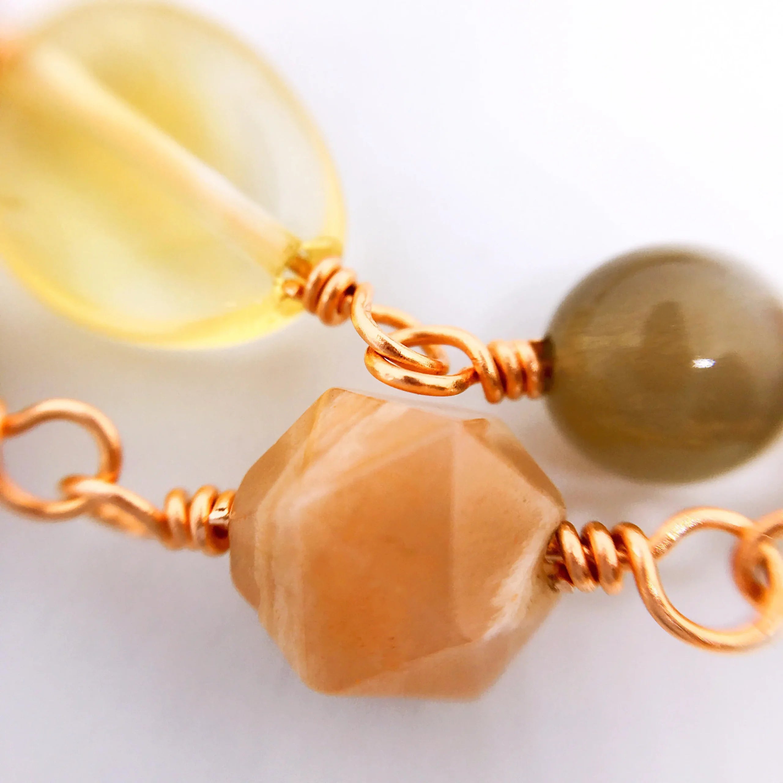 "CONSTANTINOPLE" Long Gemstone Rosary Necklace, with Peach Moonstone, Black Moonstone &amp; Citrine