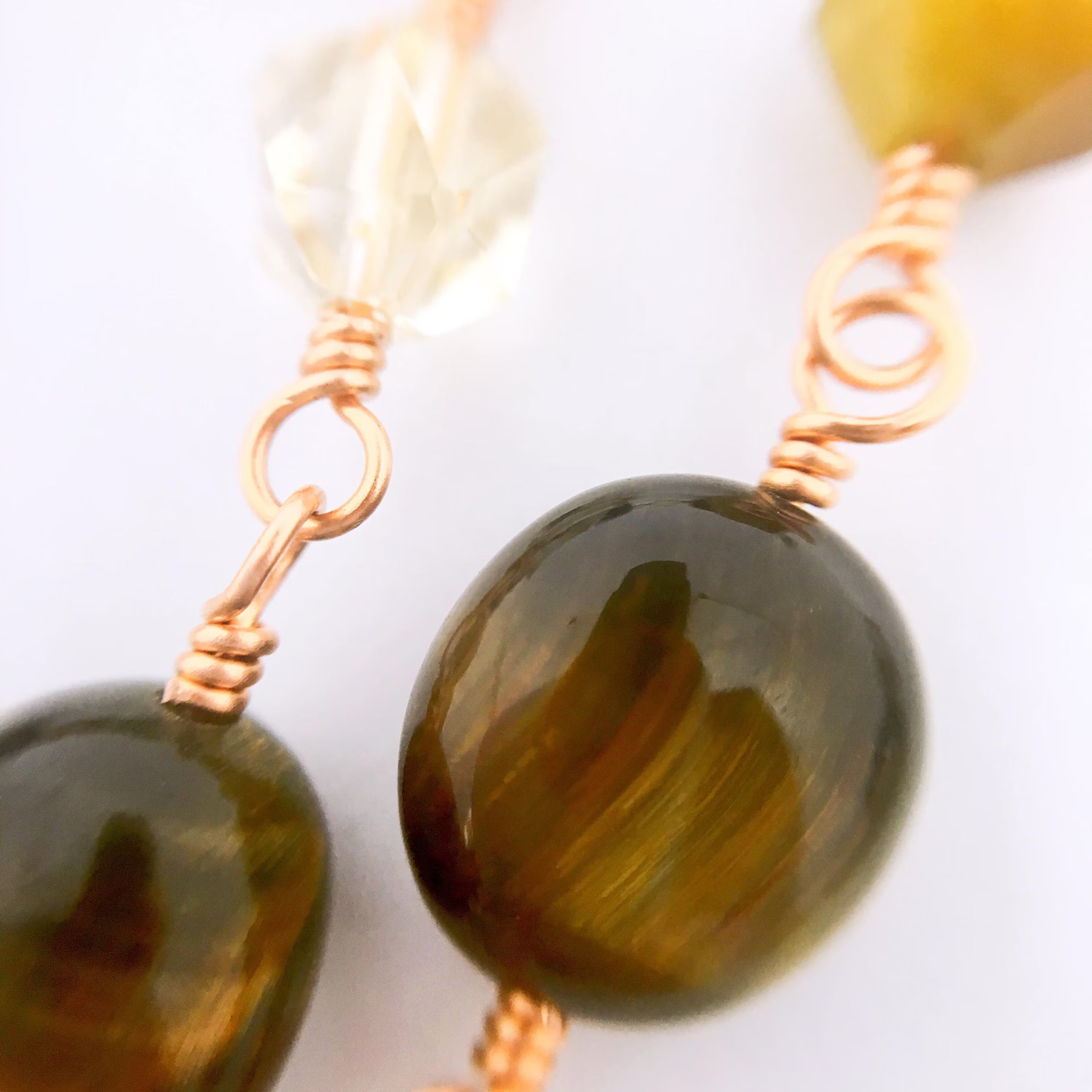 "VENICE" Long Gemstone Rosary Necklace, with Tiger's Eye &amp; Citrine