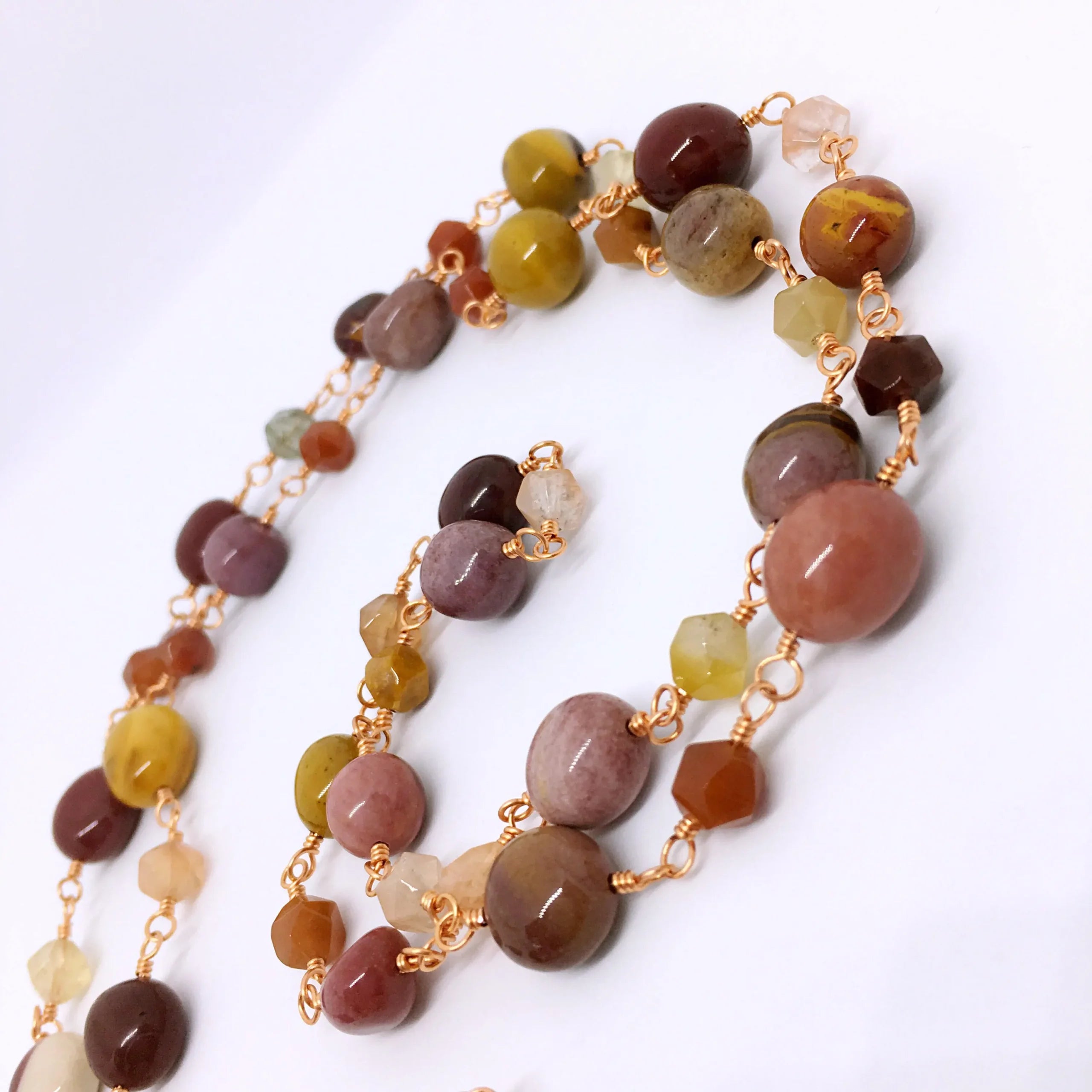 Long Gemstone Rosary Necklace "CRETE", with Mookaite &amp; Rutilated Quartz