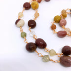 Long Gemstone Rosary Necklace "CRETE", with Mookaite &amp; Rutilated Quartz