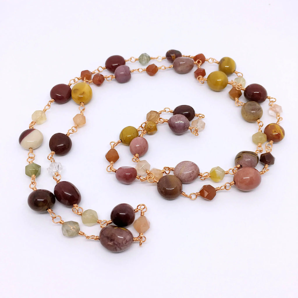 Long Gemstone Rosary Necklace "CRETE", with Mookaite &amp; Rutilated Quartz