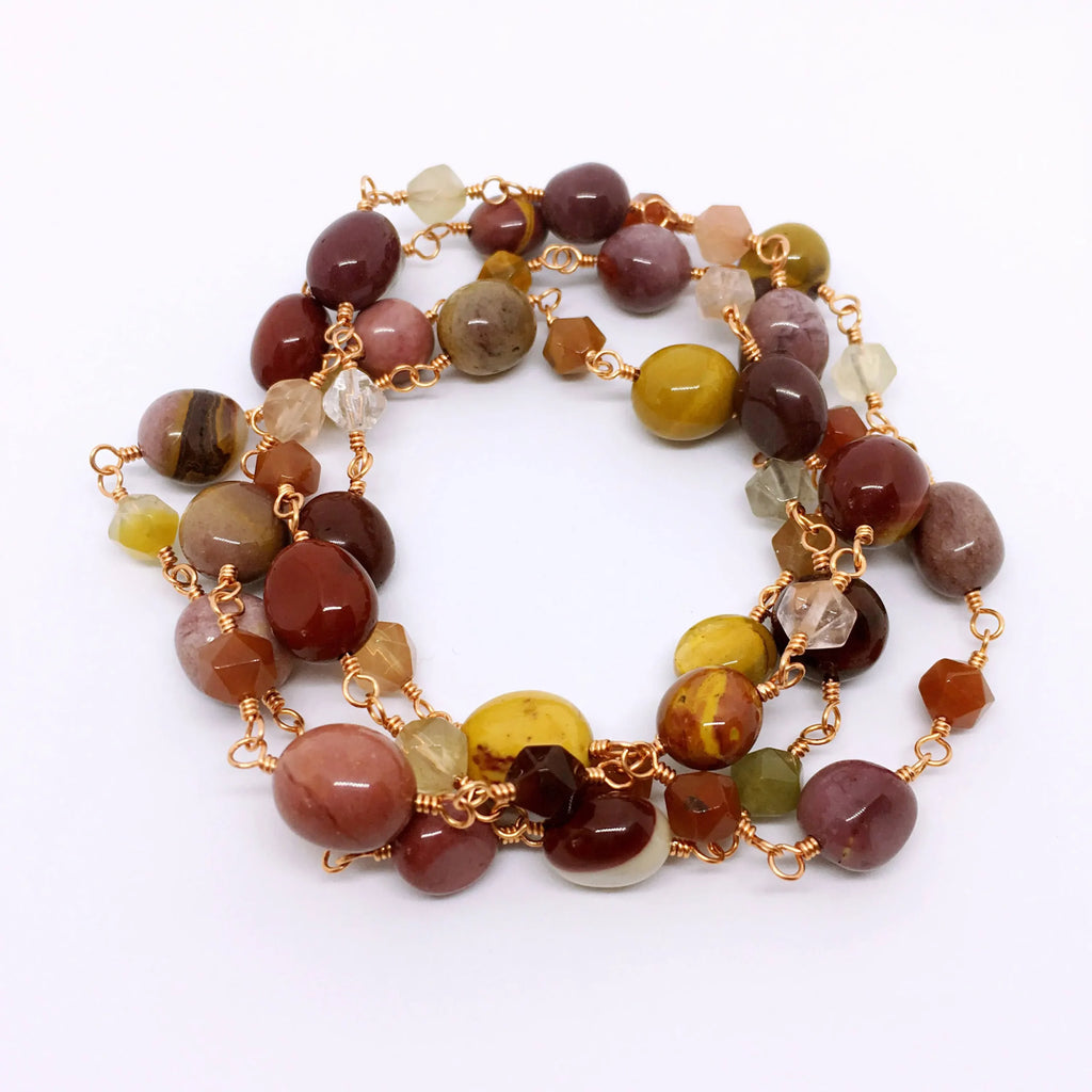 Long Gemstone Rosary Necklace "CRETE", with Mookaite &amp; Rutilated Quartz