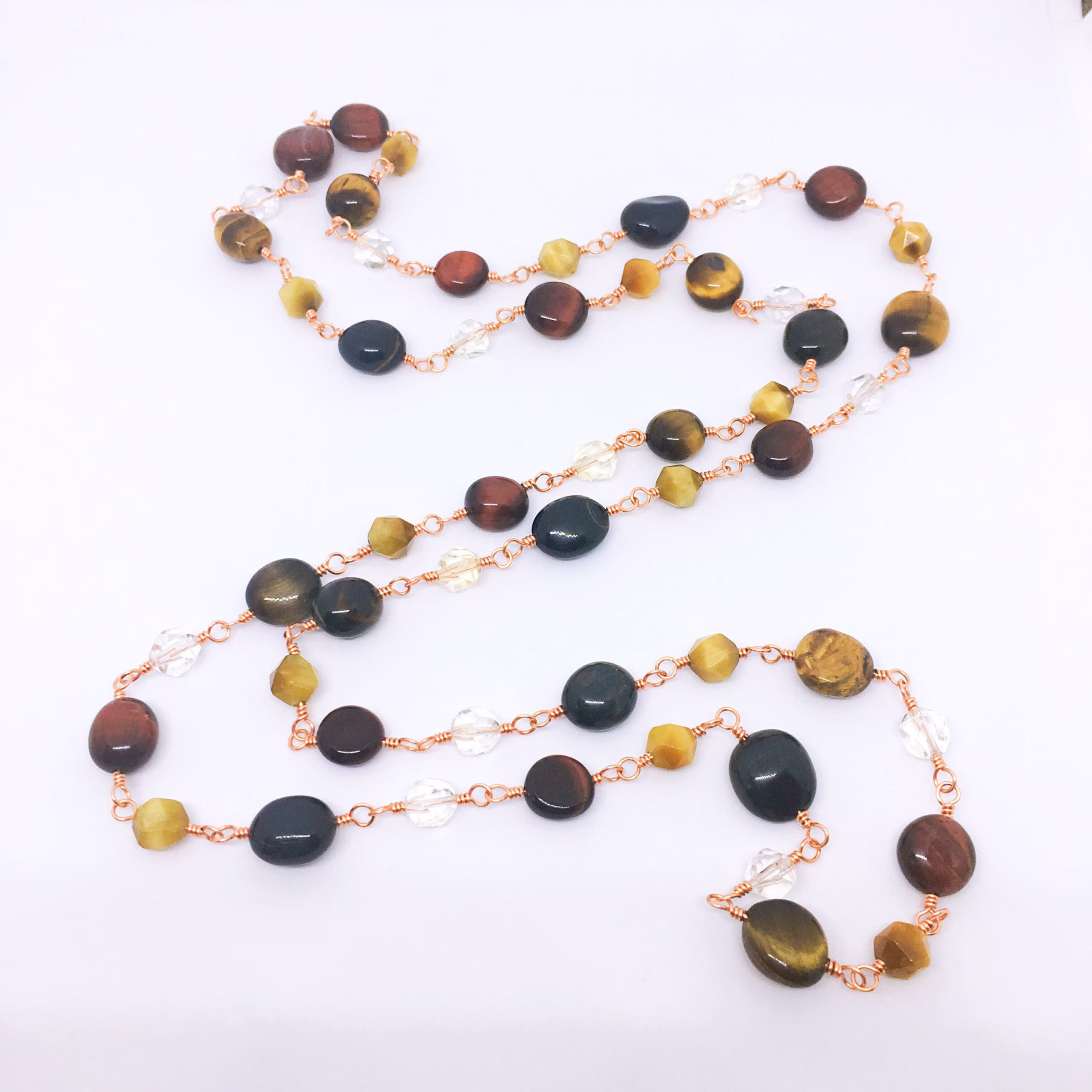 "VENICE" Long Gemstone Rosary Necklace, with Tiger's Eye &amp; Citrine