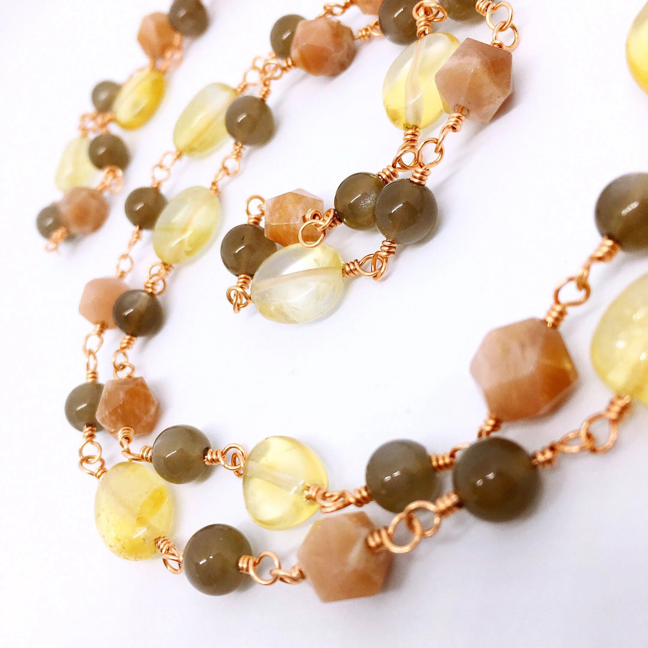 "CONSTANTINOPLE" Long Gemstone Rosary Necklace, with Peach Moonstone, Black Moonstone &amp; Citrine