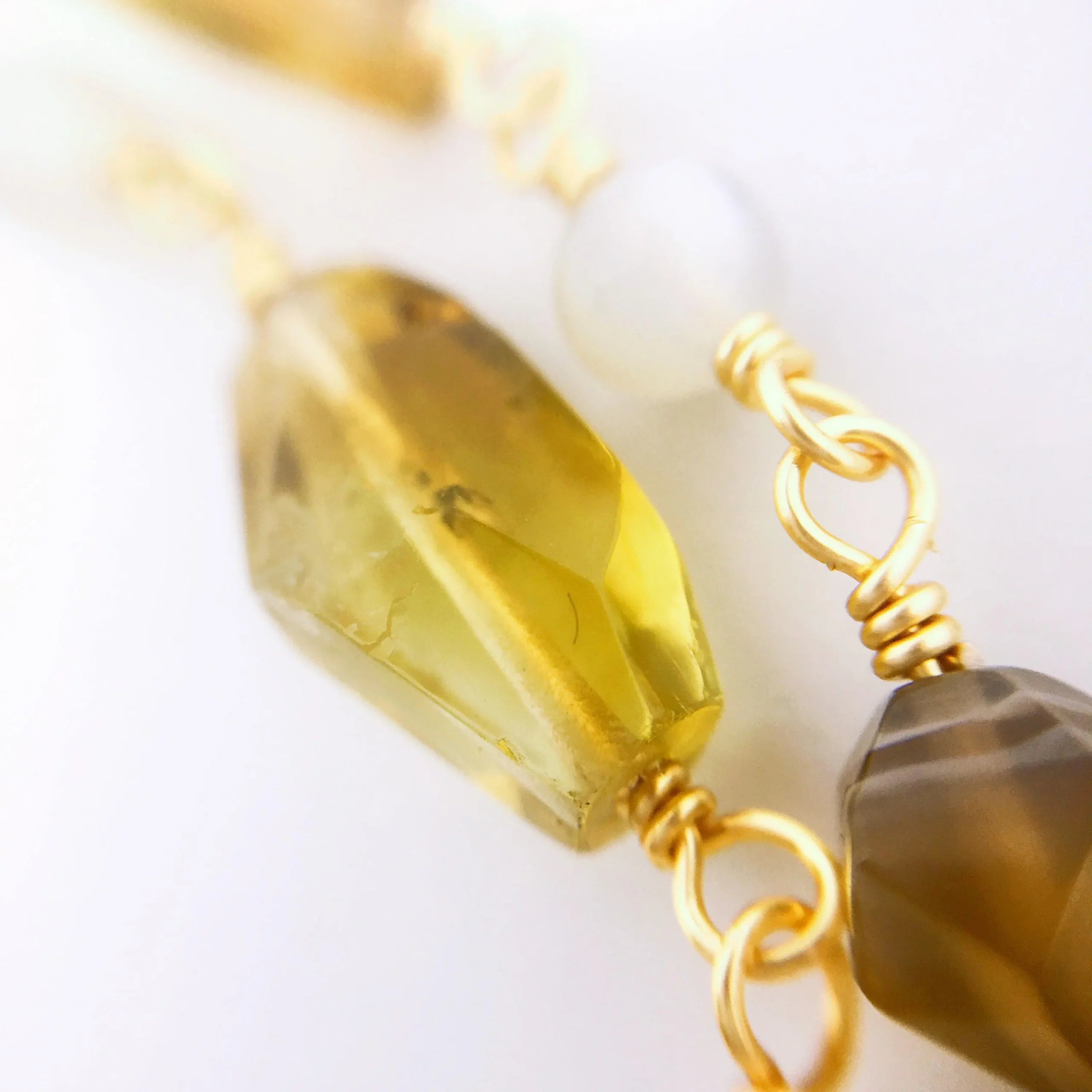 "BABYLON" Short Gemstone Rosary Necklace, with Citrine, Botswana Agate, &amp; White Moonstone