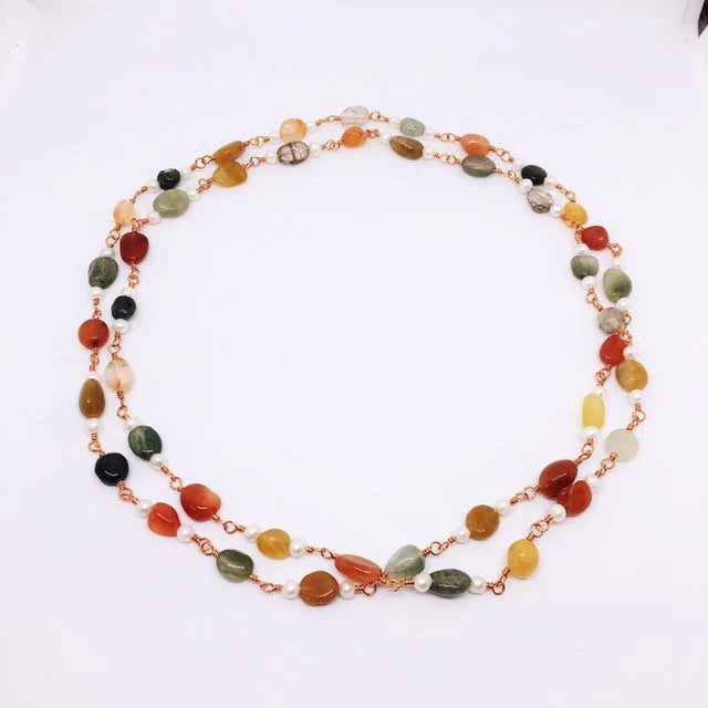 "CHANG'AN" Long Gemstone Rosary Necklace, with Rutilated Quartz &amp; Freshwater Pearl